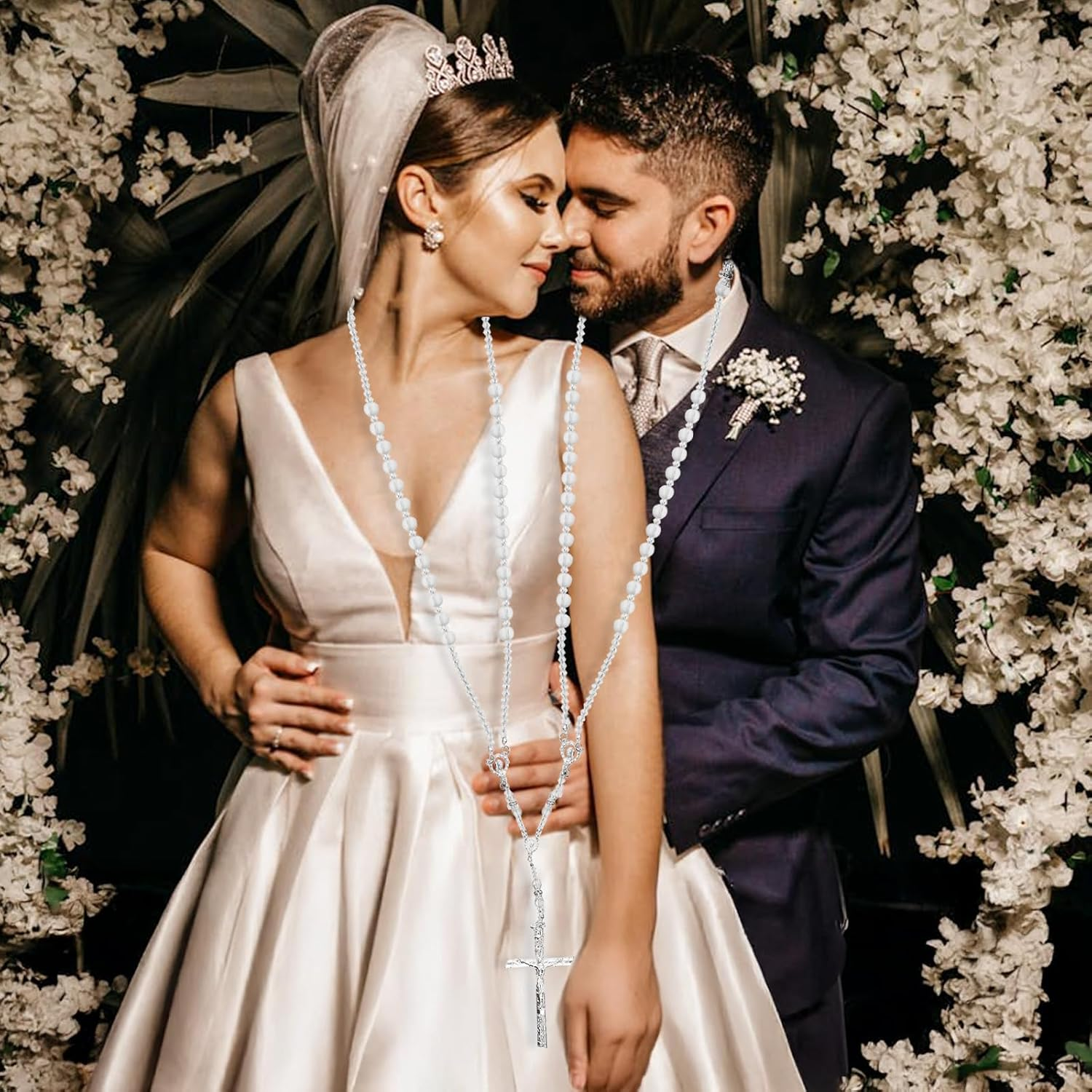 Noamus Lazo De Boda, Wedding Lasso for Ceremony, Handcrafted Lazo Para Boda Catolica, Lazos Para Bodas De Iglesia Para Novios, Crystal Bead Rosary with Unity Cross for Matrimonio (Plateado) image number 4