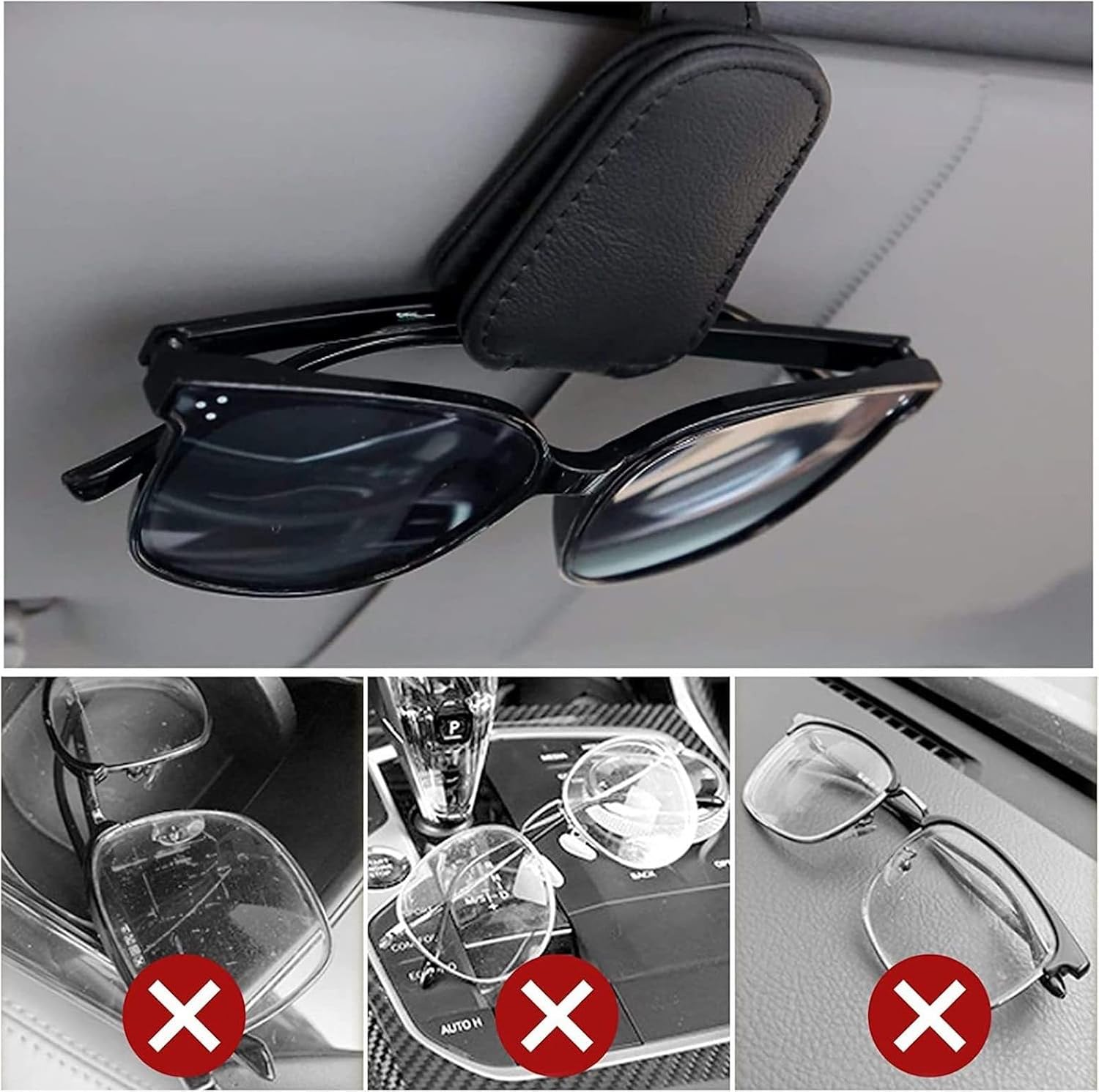2 PCS Sunglasses Holders for Car Visor, Car Glasses Holder, Magnetic Leather Glasses Eyeglass Hanger Clip for Car, Ticket Card Clip Eyeglasses Mount image number 1