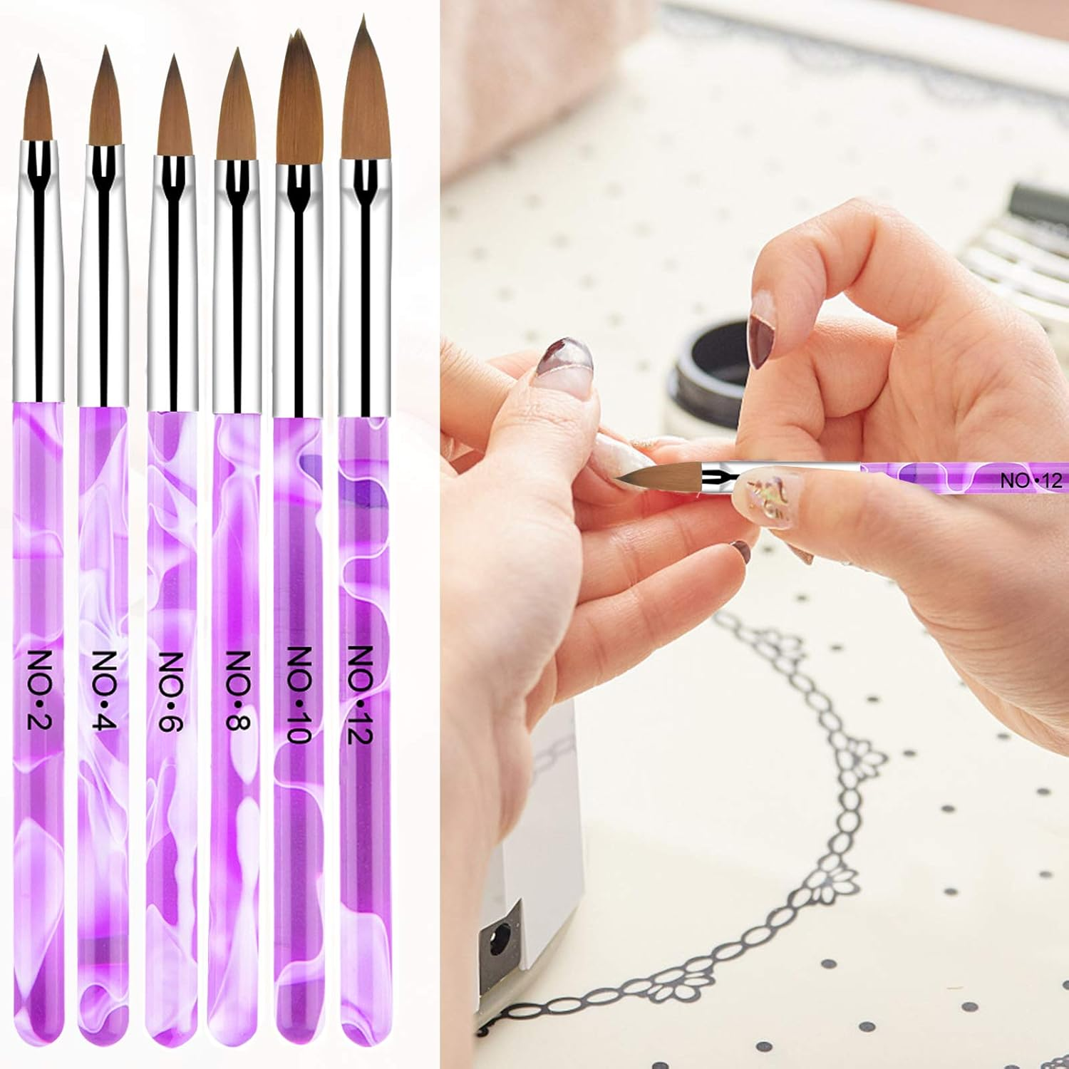 Avodova 6PCS Purple Nail Art Brush Set, Nail Art Tips Builder Brush, UV Gel Acrylic Nail Brush Nail Painting Brush Pen, Nail Art Design Painting Liner Pen Set, Acrylic Nail Brush Kit for Home Salon image number 3