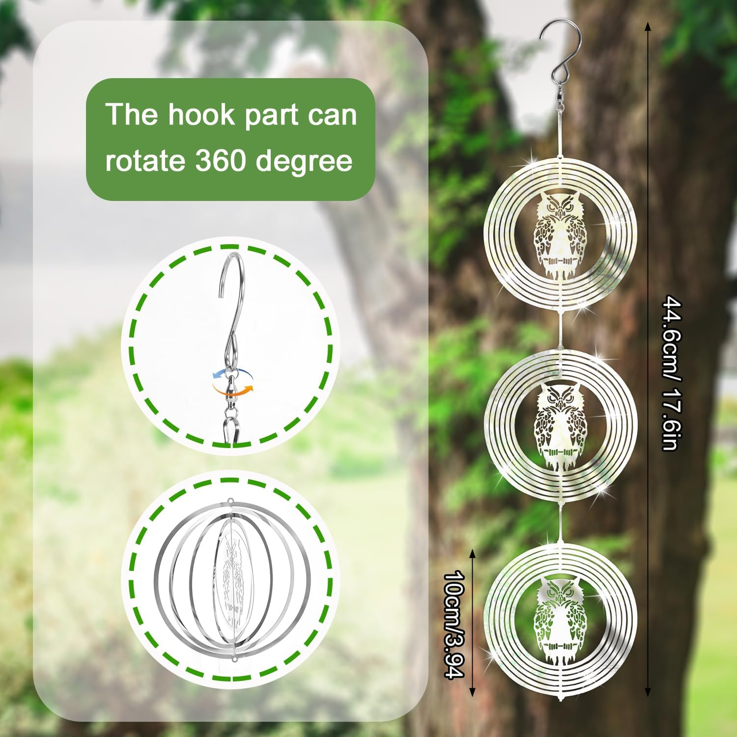 3Pcs Owl Bird Bird Reflective Discs Set, Stainless Steel Disc Highly Reflective Double-Sided Bird Reflectors Metal Wind Spinner Birds Away from Garden Yard Decor image number 3