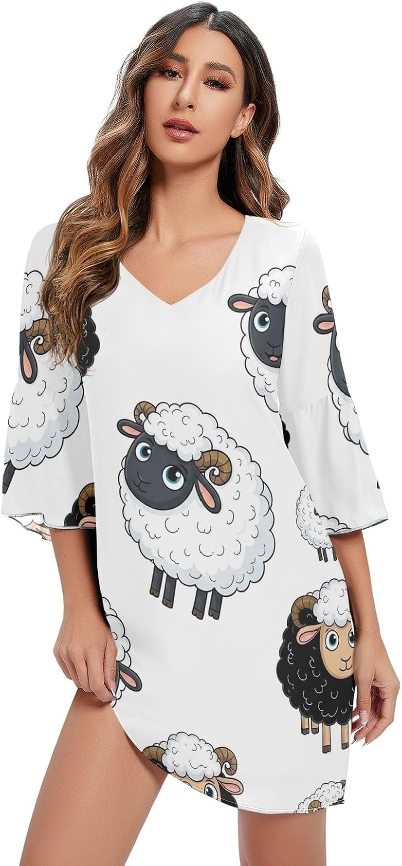 Cute Cartoon Sheep Casual V Neck Dress Printed Line Maternity Dress S-XXL