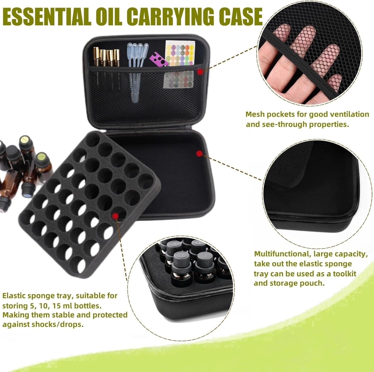 BLIRITEL EVA Essential Oils Organizer, 30 Bottles Hard Shell Essential Oil Storage Carrying Case, Essential Oils Boxes Holds 30 Bottles with 5Ml,10Ml,15Ml (Black)