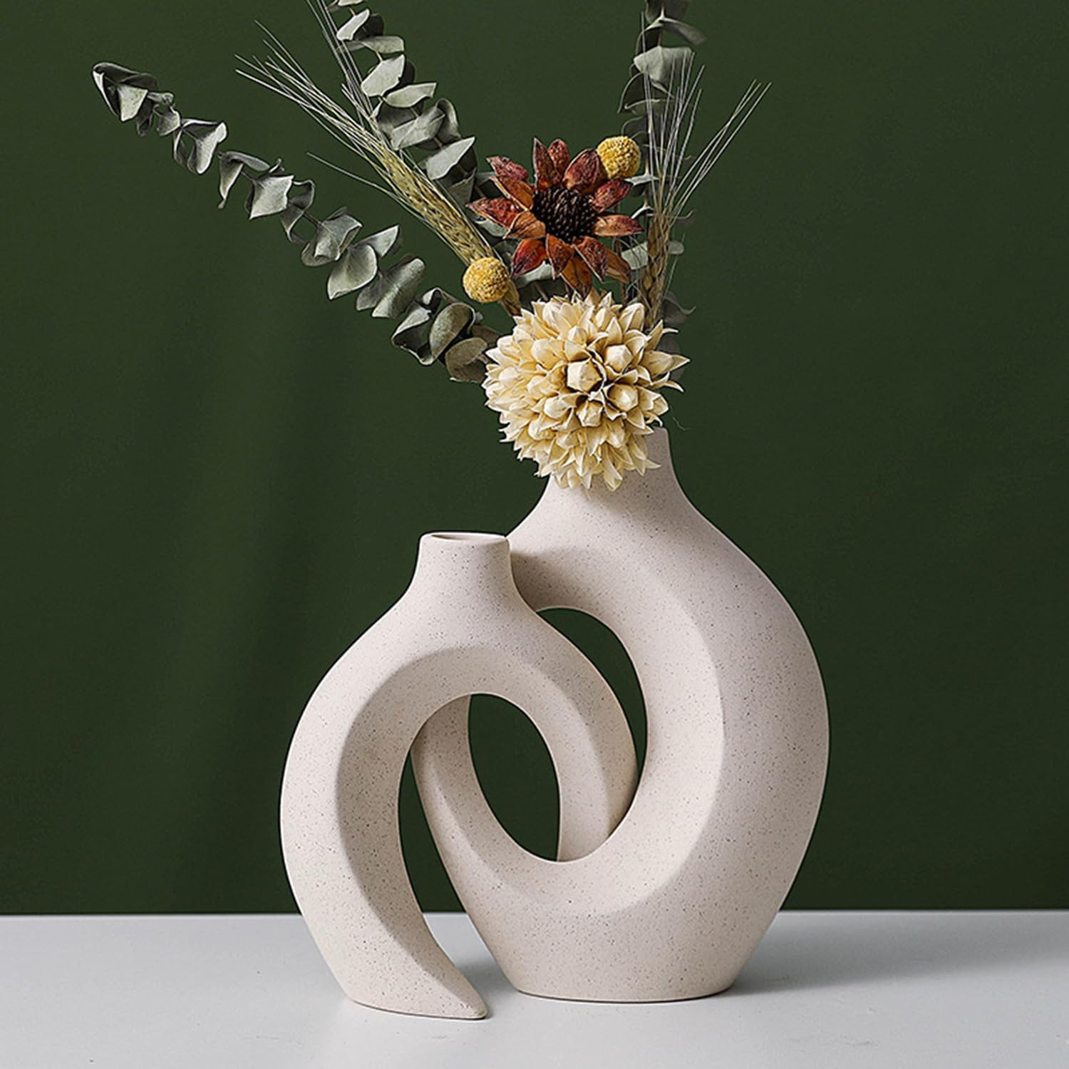 Creative Ceramic Modern Vase - Boho Style Decorative Ceramic Flower Vase, ​Hollow Donut Flower Vases Minimalist Art Decorative Style, for Unique Home Decor | 2 Pieces | (Flowers Not Included) image number 2