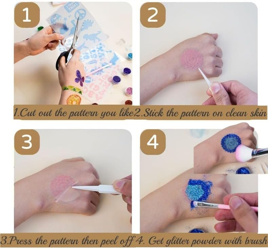 Temporary Glitter Tattoo Kit for Kids, 10 Colors, with 71 Stencils,2 Brushes, Body Glitter Make up Kit, for Cosplay, Birthday Party, Festival (BLUE) - Pink image number 4
