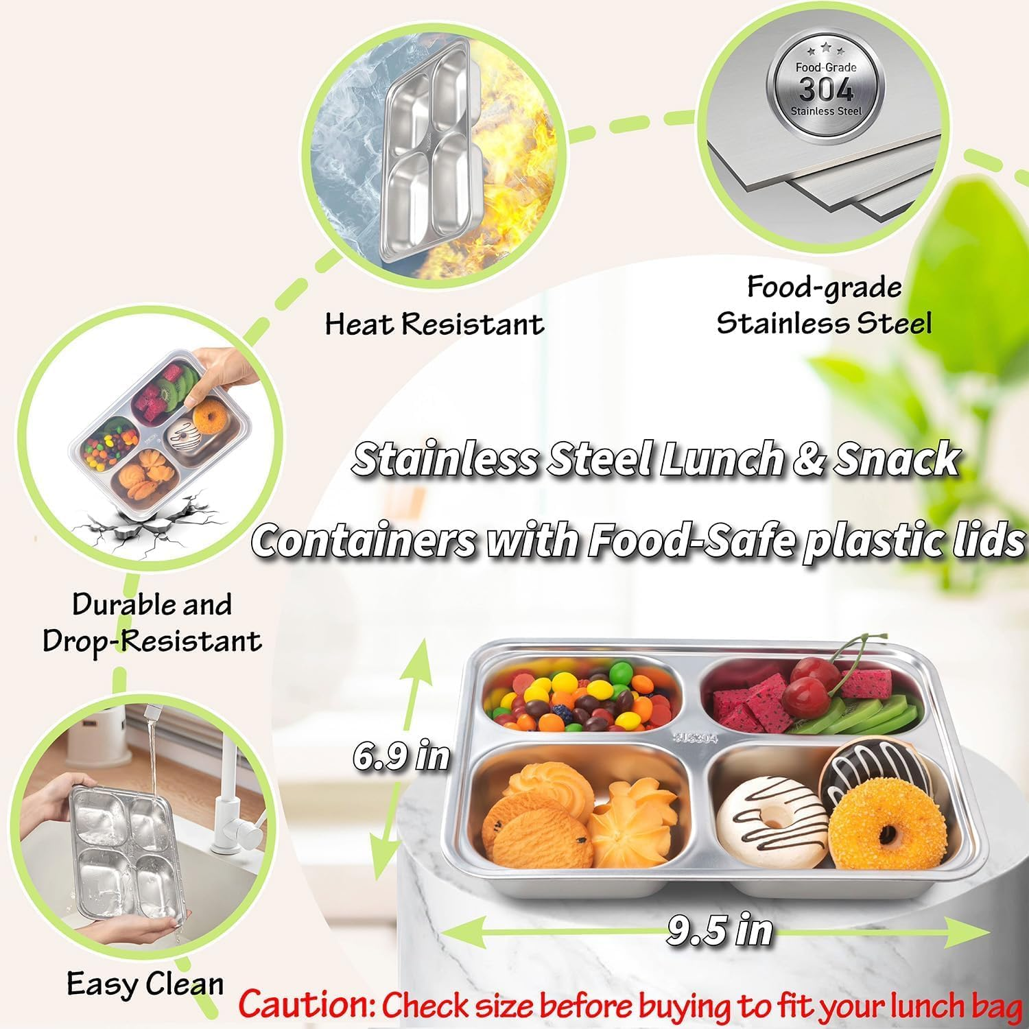 Stainless Steel Snack Containers with Lids-4 Compartments Bento Snack Boxes-Reusable Meal Prep Lunch Containers for Kids Adults - Ideal for School, Office & Outdoor - Dishwasher Safe（3Pack） image number 4