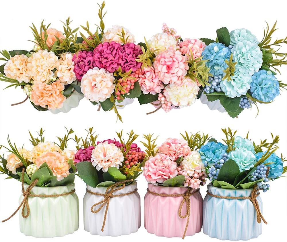 Artificial Flower Plants &ndash; Mini Fake Hydrangea Flowers in Pot for Home Decor Party Wedding Office Patio Table Desk Decoration, Set of 4, Size: 3.3''(Diameter) X 5.5''(Tall) image number 3