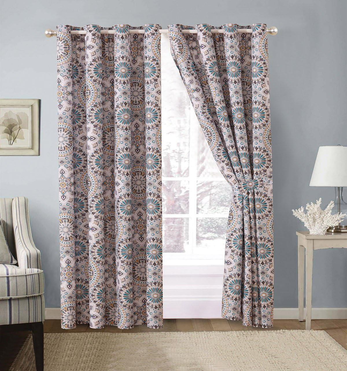 Grandlinen 3-Piece Fine Printed Oversize (100" X 95") Quilt Set Reversible Bedspread Coverlet Queen Size Bed Cover (Grey, Teal Blue, Medallion)