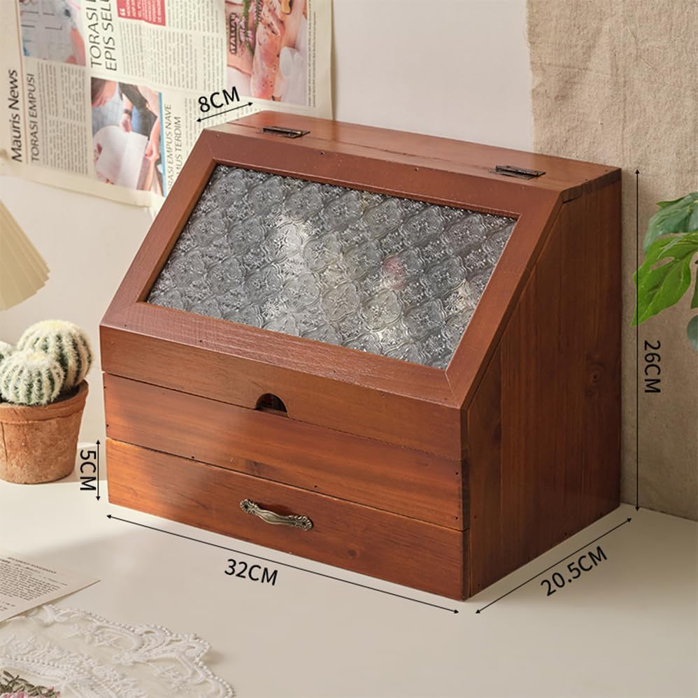 2 Tier Countertop Display Cabinet,Vintage Tabletop Organizer with Drawer Glass Top Compartment,Cosmetic Display Case with Drawer,Waterproof and Dustproof Transparent Cover,Wooden Desktop Storage Box