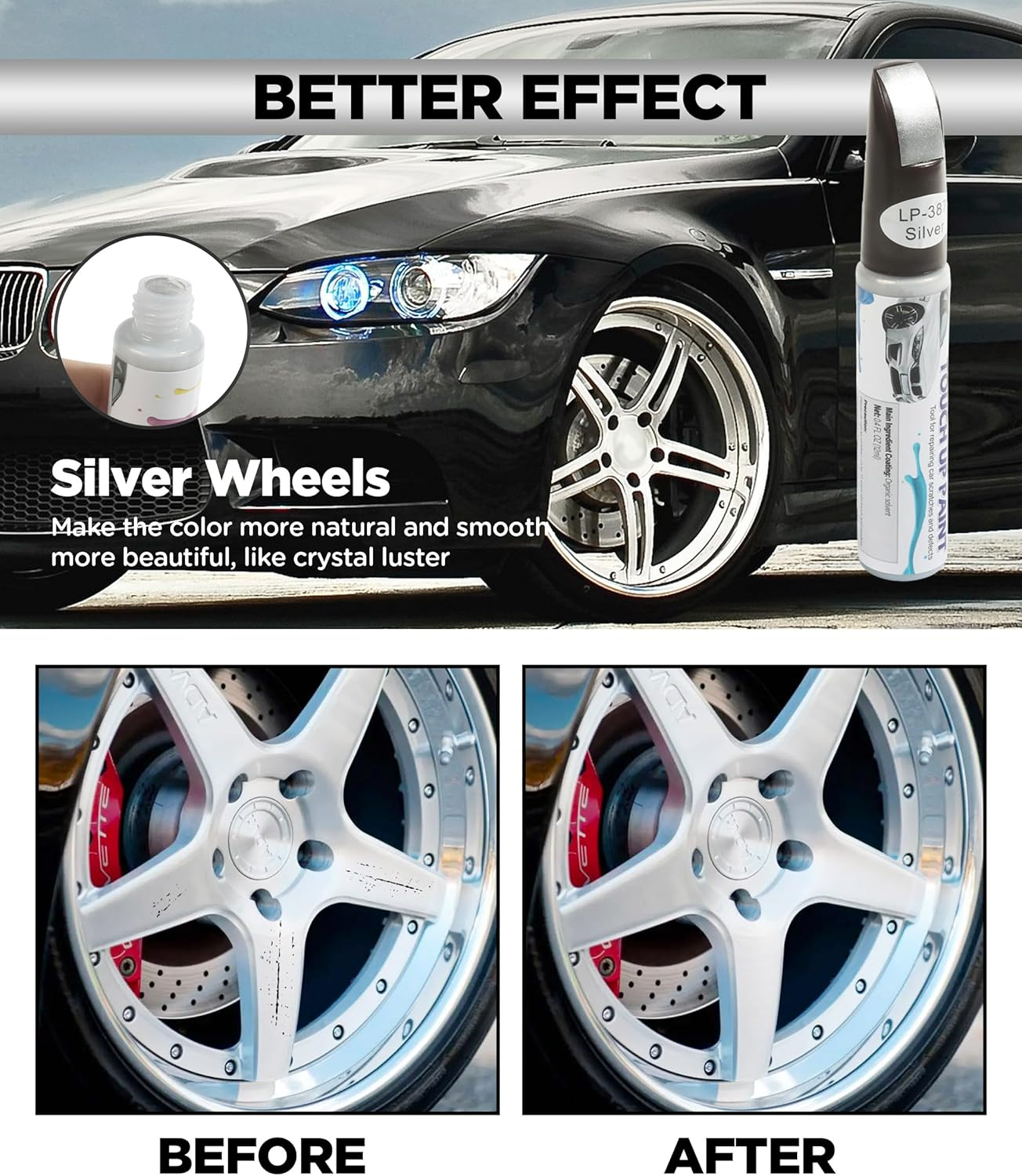 AOCISKA Car Paint,Touch up Paint,Car Accessories Wheel Touch up Paint,Wheel Repair Kit,Rim Scratch Repair Pen,Two-In-One Rim Paint for Automotive Scratch Repair (Silver) image number 3