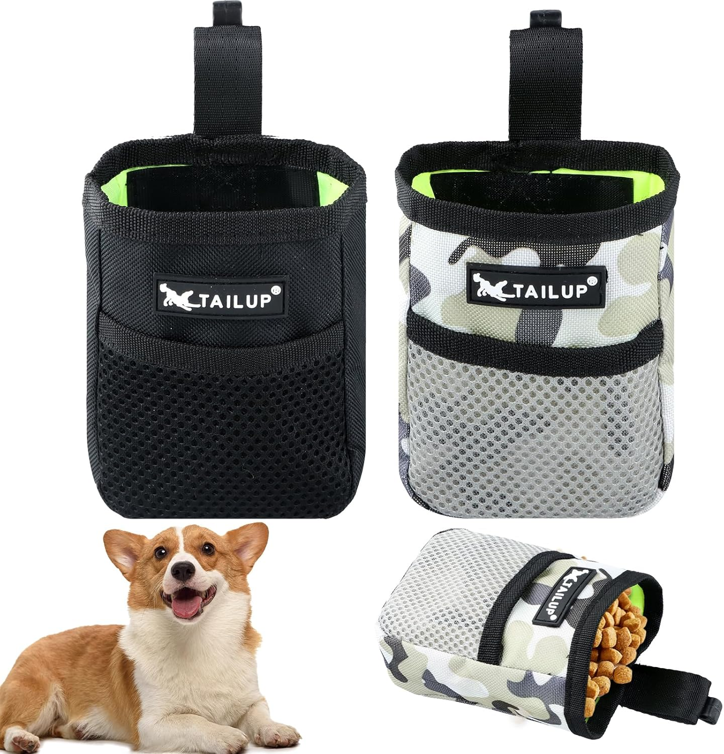Shengxi Pack of 2 Food Bags for Dogs, Small Treat Bags with Waist Belt, Clip, Hands-Free Treat Bag for Quick Reward, Oxford Food Bag for Dog Training (Black, Camouflage) image number 5