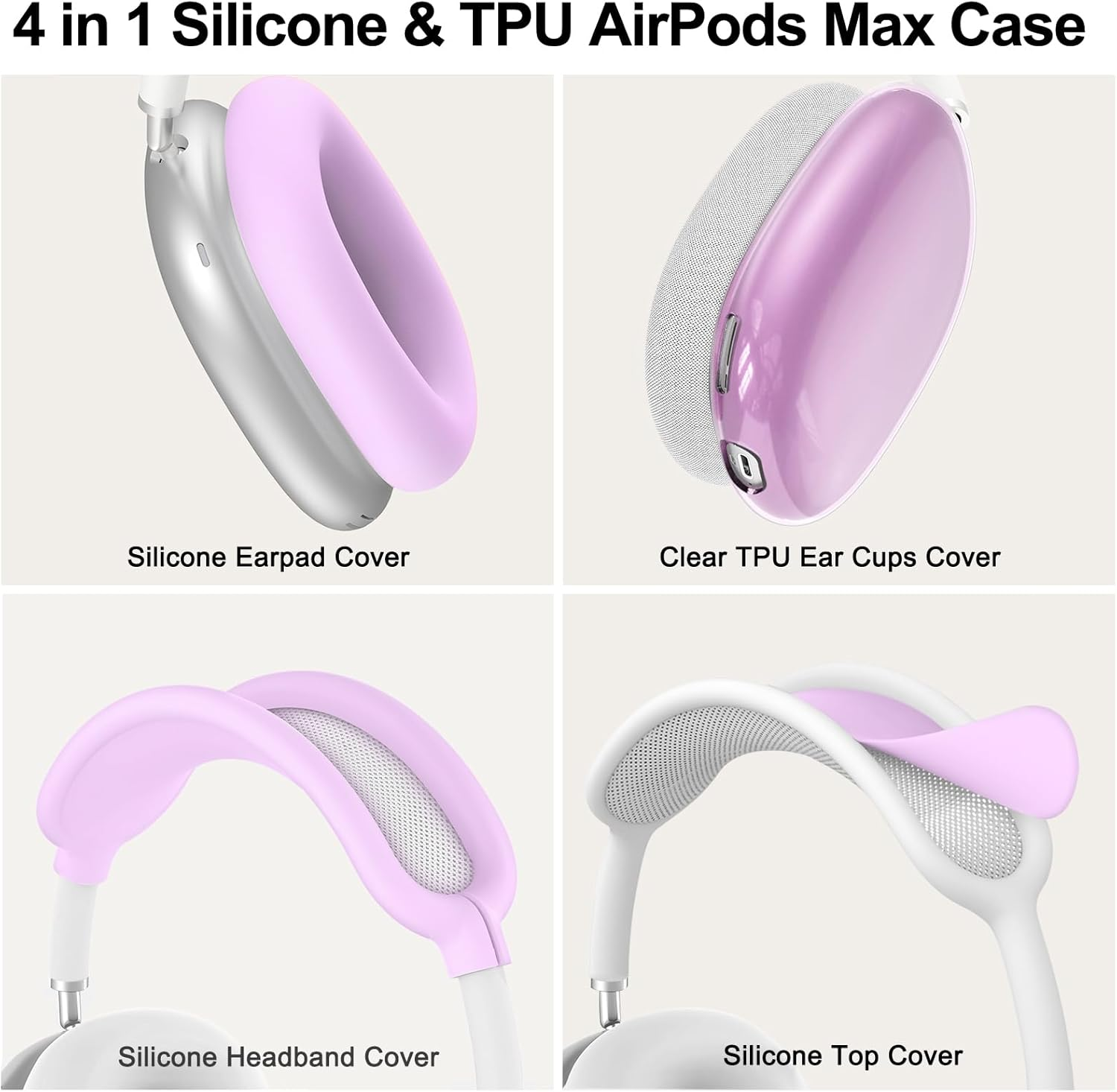 [4 in 1] Silicone Case Cover for Airpods Max Headphones, Clear Soft TPU Ear Cups Cover/Ear Pad Case/Headband Covers for Airpods Max (2024/2020), Transparent Accessories for Airpod Max (USB-C), Purple - Black-4 image number 6
