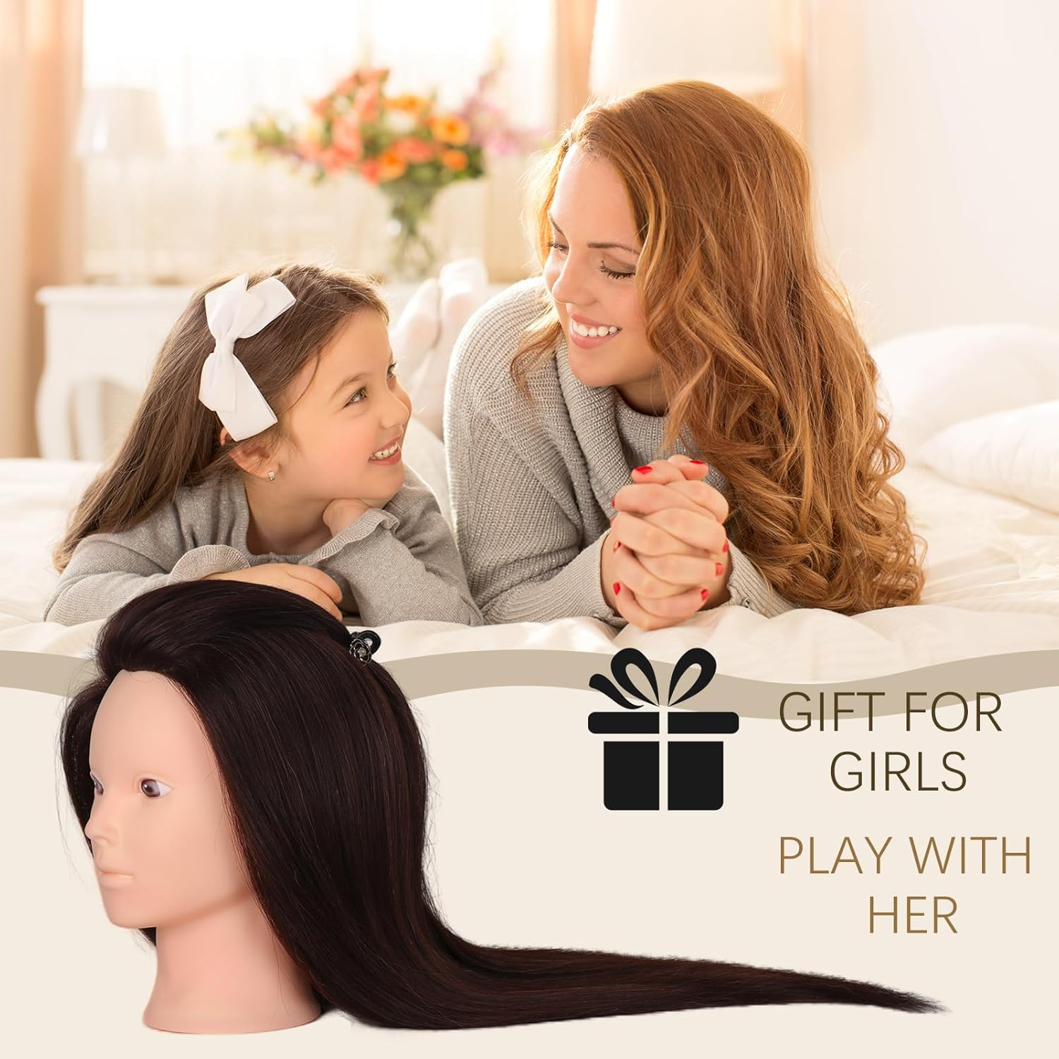 Hair Styling Training Head, 23" Dark Brown Cosmetology Mannequin Head Hairdressing Manikin Doll Head with Clamp & Styling Tools (Brown without Makeup) - Brown image number 3