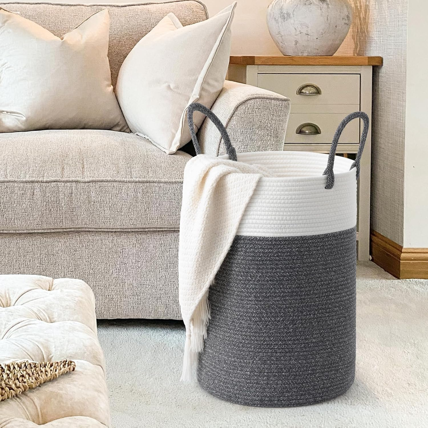Large Laundry Hamper, Cotton Rope Storage Bin, Tall Woven Laundry Basket for Clothes and Toys, Blanket Storage, Basket for Living Room, Baby Nursery, Bathroom and Bedroom (Grey) - Grey image number 2