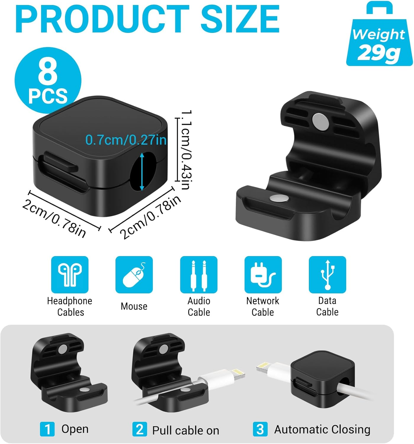 Hcskoss 8 Pack Magnetic Cord Organizer,Magnetic Cable Clips Cable,Smooth Adjustable Easy Secure Cable Management,Magnetic Cord Holder,Wire Holder Keeper Organizer for Home,Office,Car,Desk
