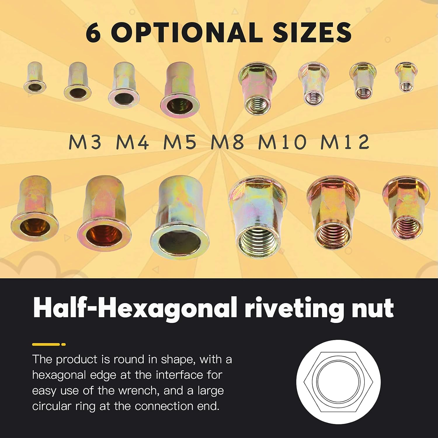 Mardatt 60Pcs M8 Metric Hex Rivet Nut Assortment Kit, Zinc Plated Carbon Steel Hex Rivnut Flat Head Threaded Insert Nutserts image number 1