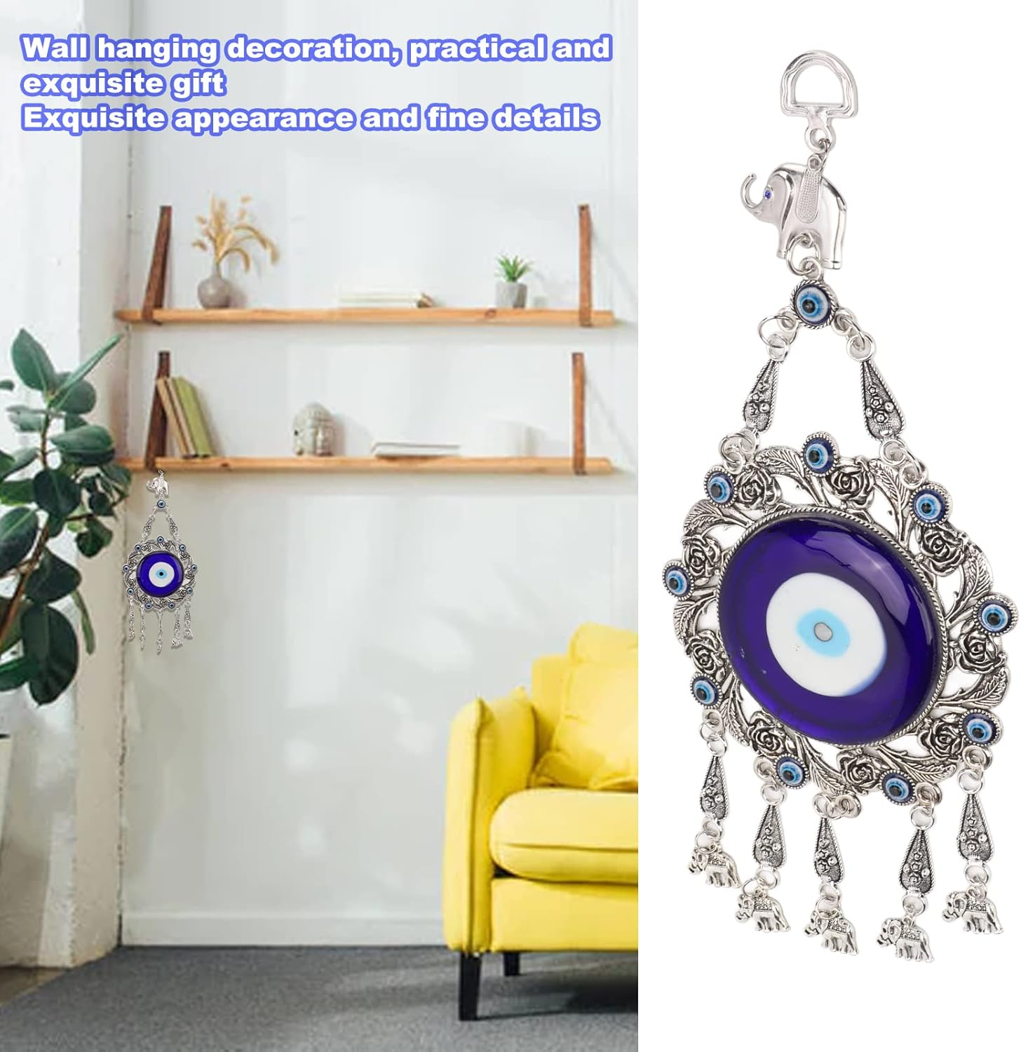 Turkish Glass Blue Evil Eye Wall Hanging Ornament, Hollow Flowers Wall Hanging Amulet, Delicate Blue Glass Metal Home Decor, Evil Eye Decor for Good Luck in the Office, Living Room, Bedroom(2#) image number 2