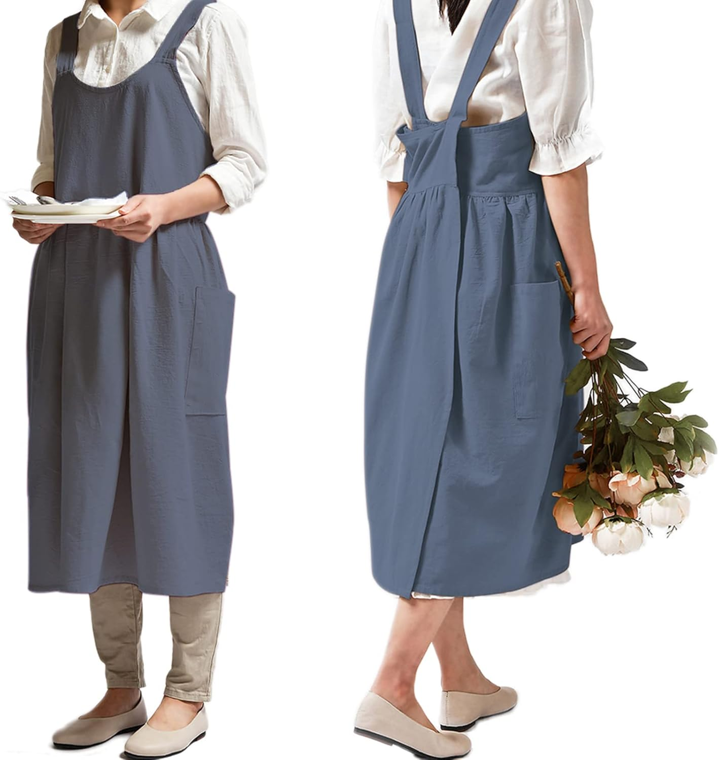 NEWGEM Cotton Linen Cross Back Apron for Women with Pockets Cute Japanese Korean Style Pinafore Dress Purplish Red, 1 Magenta Apron without Waist Ties, One Size