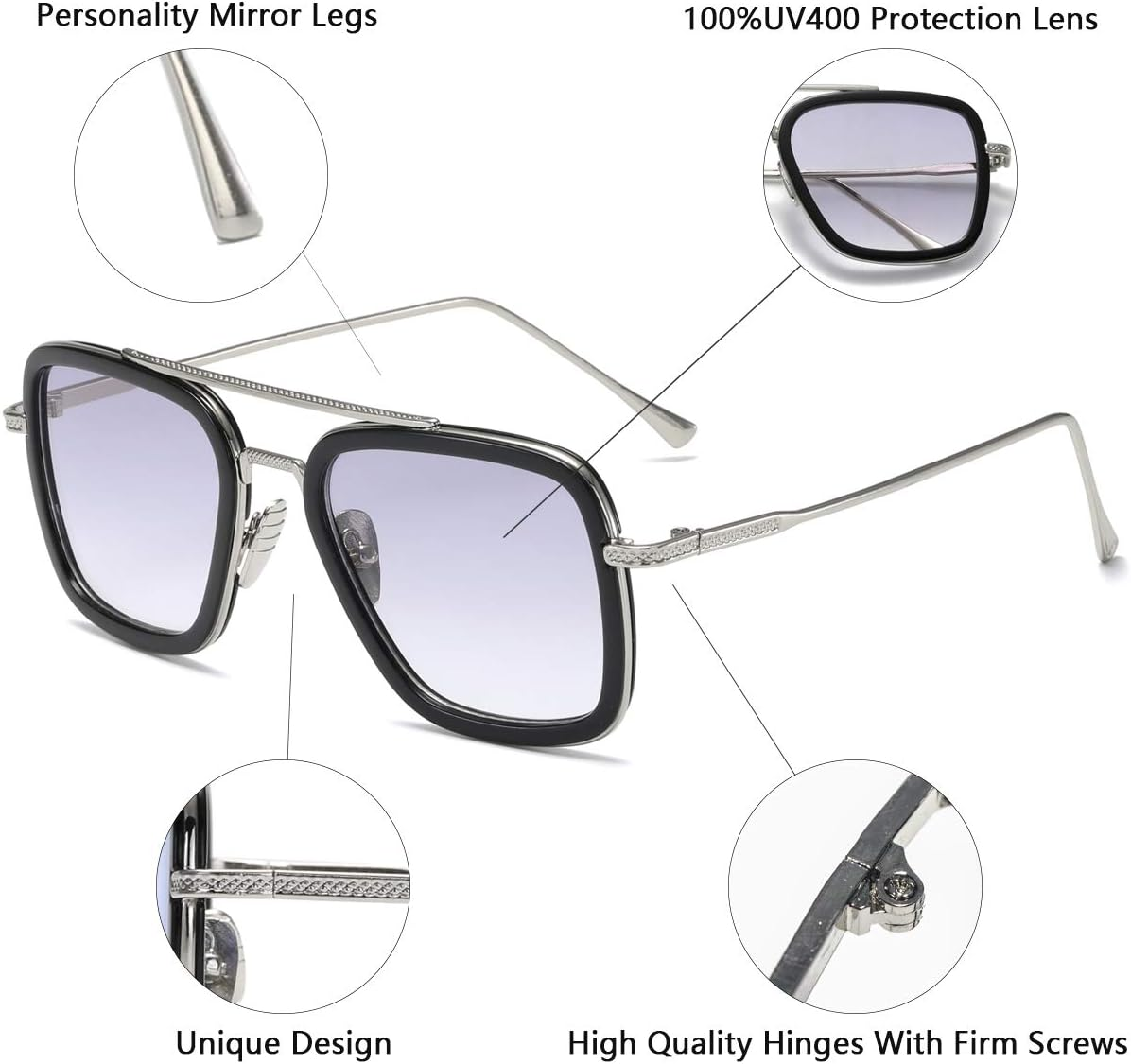 Aisswzber Tony Stark Sunglasses Vintage Square Metal Frame for Men Women -Iron Man and Spider-Man Vintage Sun Glasses - Blue image number 4