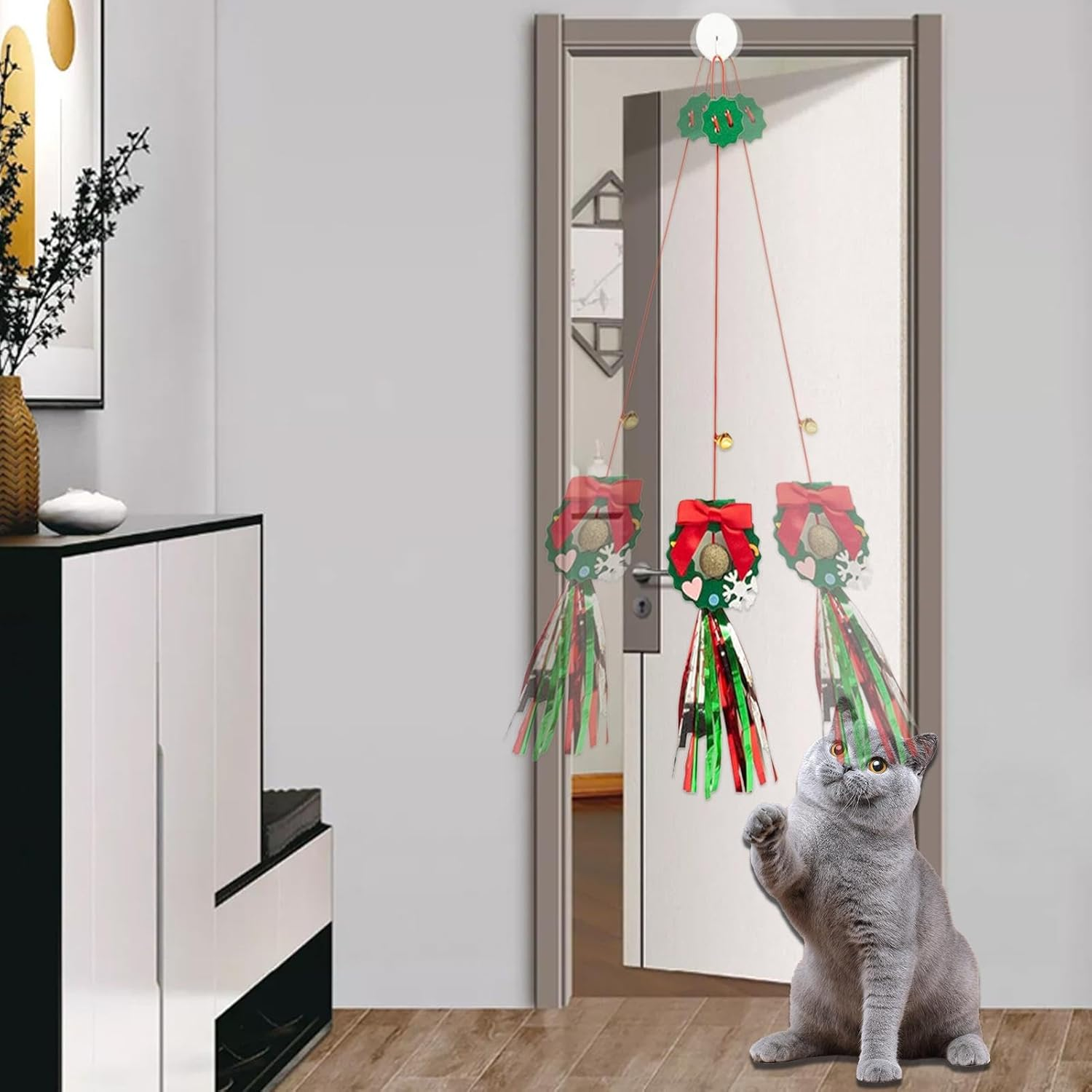 Christmas Cat Toys for Indoor Cats | Christmas Interactive String Feather Cat Toys | 2M Elastic Rope Hang Door Retractable Cat Toy for Indoor Cats Kitten image number 4
