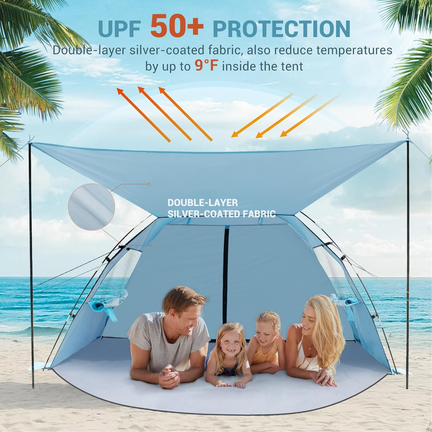 Elegear Beach Tent with 360&deg; Removable Canopy, 4-6 Person Pop up Sun Shade Shelter, UPF 50+ Automated Installation Double Silver Coating Portable Lightweight Beach Cabana for Beach/Camping/Outdoor image number 1