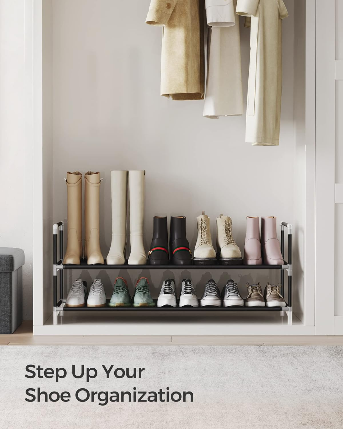 SONGMICS 2-Tier Shoe Rack, Shoe Storage for Hallway Closet, Slim and Space-Saving, Metal Frame, Non-Woven Fabric Shelves, Black ULSH052B01