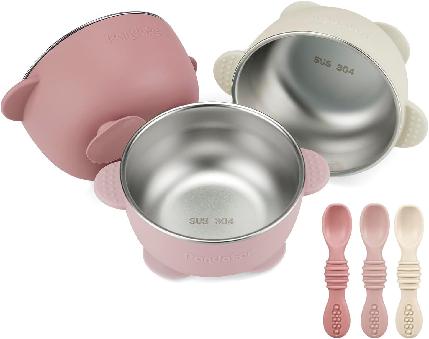 Pandaear 3 Pack Stainless Steel Suction Baby Bowls & 3 Baby Feeding Spoons | Non-Slip Stay Put Bowls & Soft Silicone First Stage Spoons for Toddlers, Bpa-Free Baby Led Weaning Set (Pink Rose Linen)