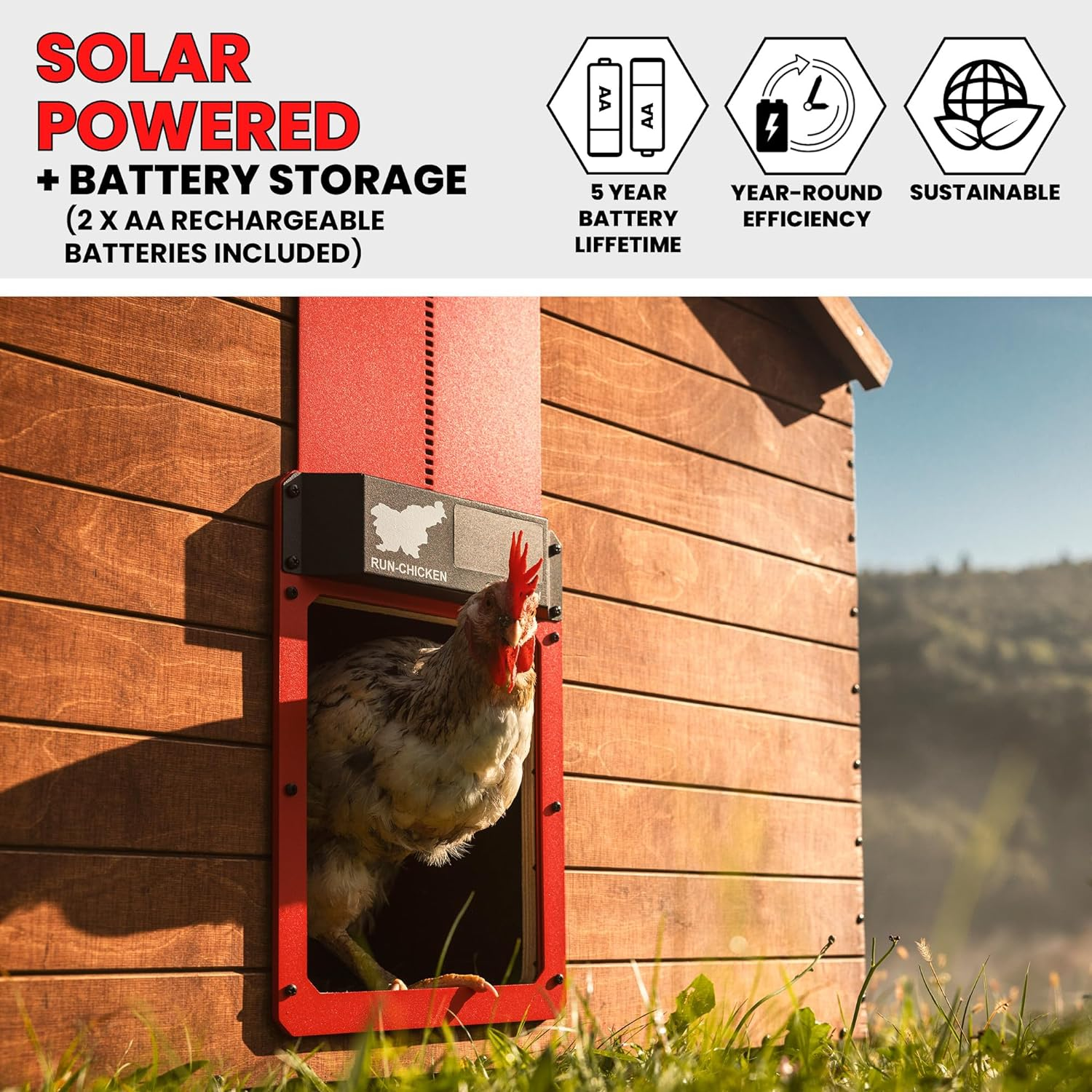 Run-Chicken Door (Red) Solar Chicken Coop Door, Battery Powered Automatic Chicken Coop Door, Programmable Electric Chicken Door with Timer, Light Sensor, Solar Powered, Model Eternal image number 1