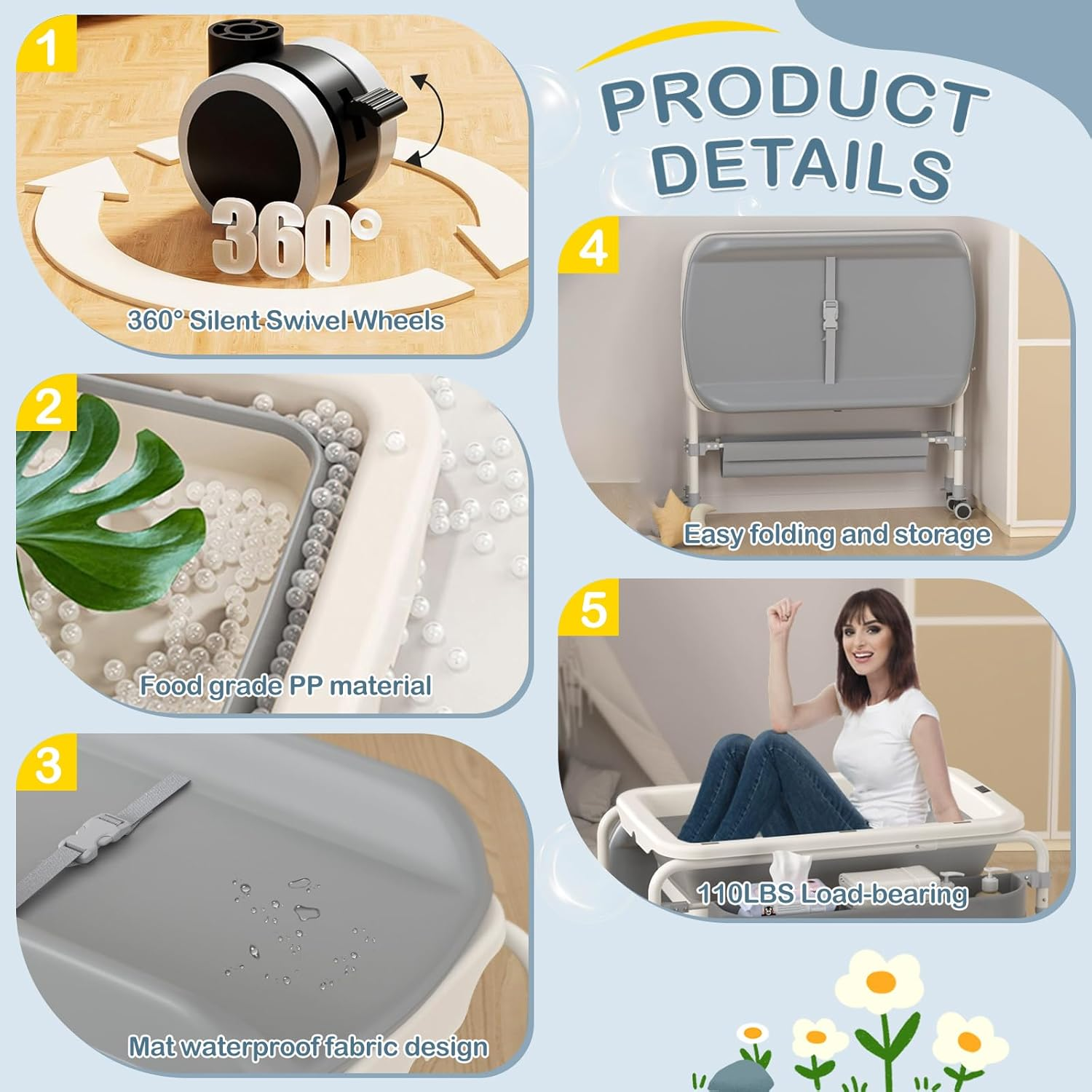 Portable Baby Changing Table 2-In-1 Baby Change Station with Tub Foldable Baby Bath Stand Diaper Change Table for Newborn Infant Mobile Nursery Organizer (Foldable)