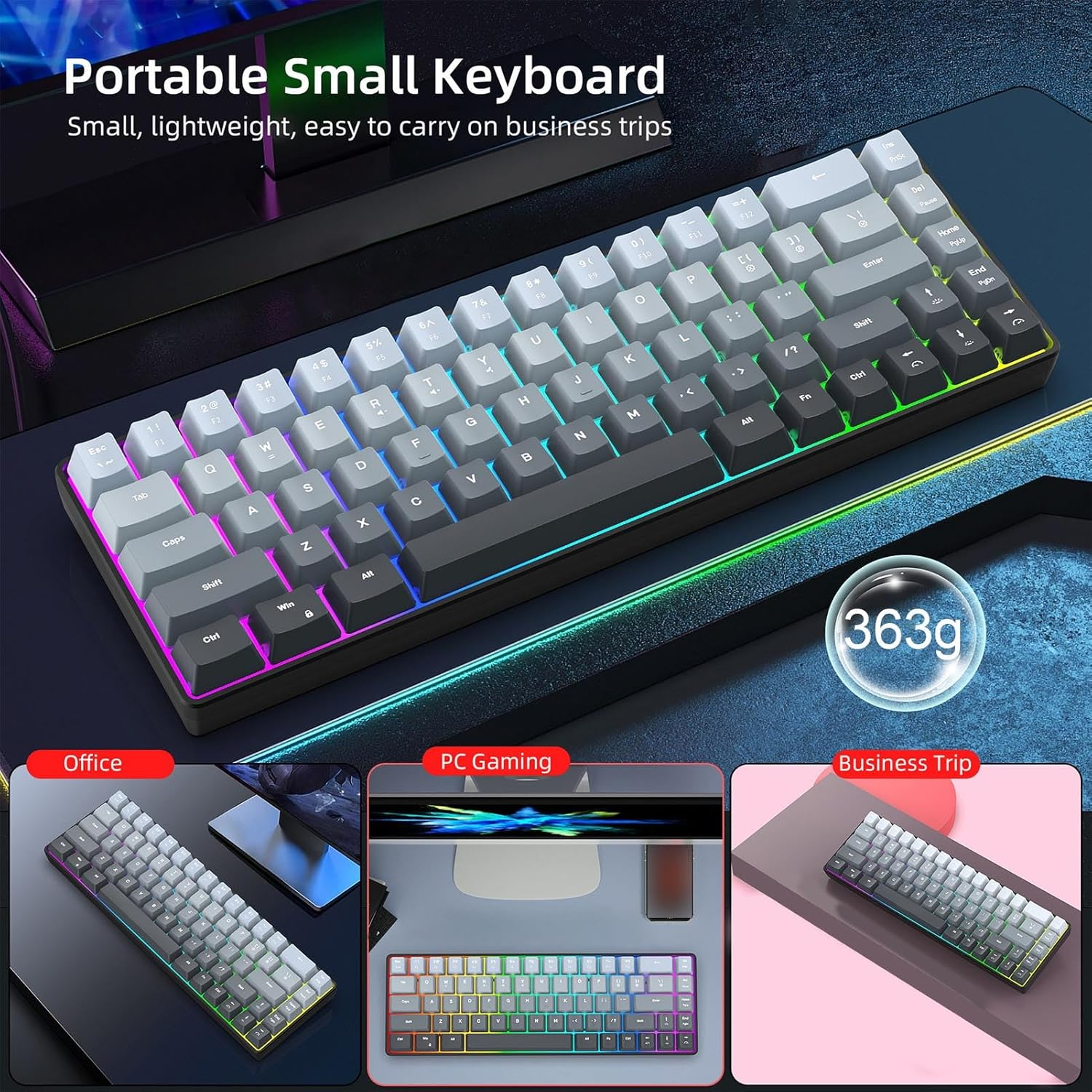 XUMIUZIY 60% Mechanical Keyboard, 68 Keys RGB Backlit Wired Gaming Keyboard, Hot Swappable, 25 Key anti Ghosting, Ergonomic Membrane Keyboards for Laptop PC (Gradient Black) - Gradient Black image number 5