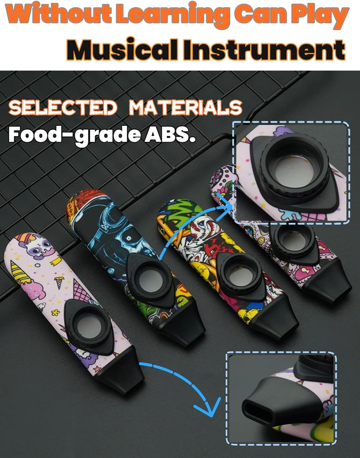 Kazoo Wind Instrument Professional ABS Resin Kazoo Adjustable Tone Play Alone or Various Musical Instruments with 5 Flute Diaphragms and Sling Suitable for Children Adults Music Enthusiasts (Graffiti) image number 4