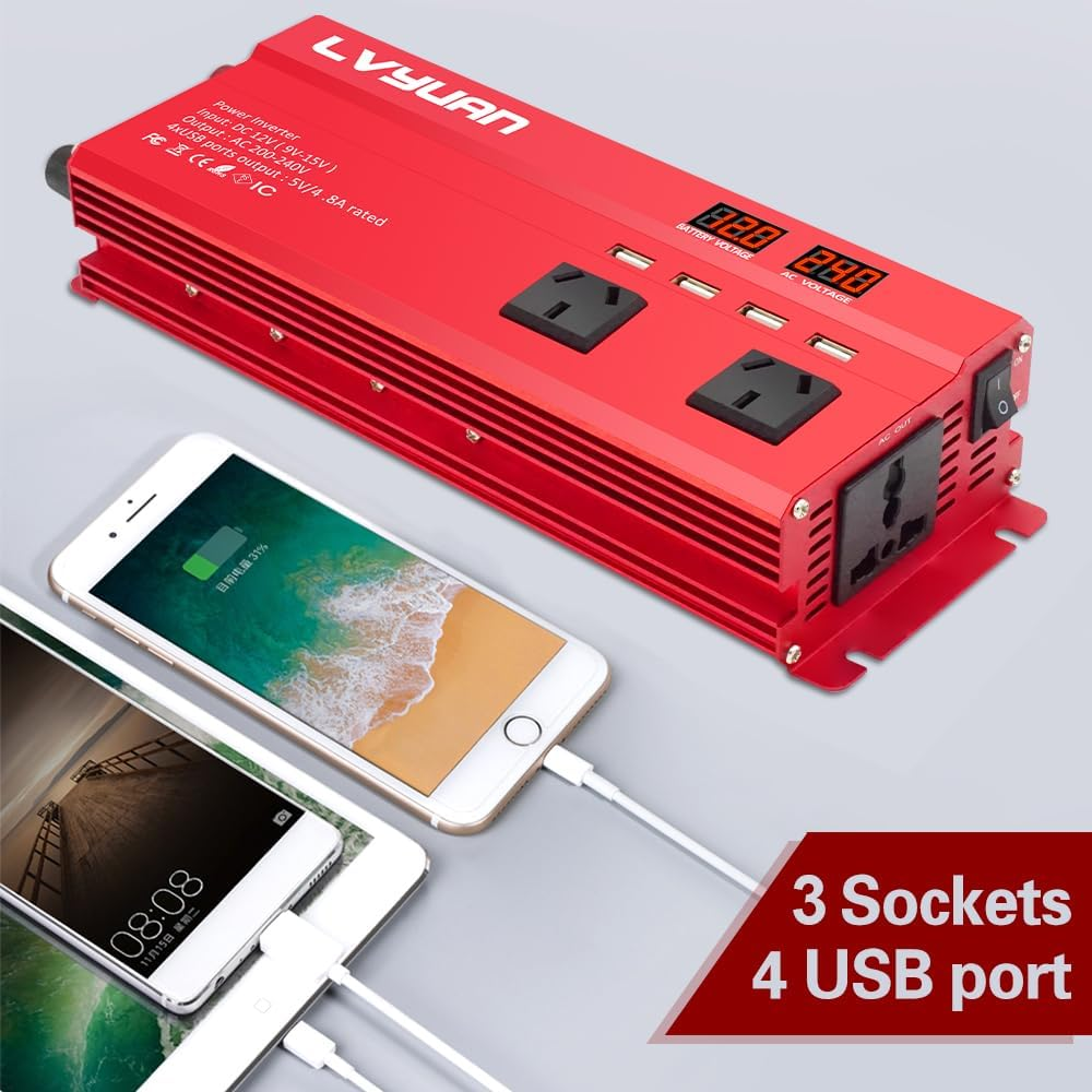 Yinleader Inverter 1000W Car Power Inverters 12V DC to 240V AC Converter with 4 AC Outlet 4 USB, 12 Volt Invertor Car Cigarette Lighter Inverter for Vehicles image number 4