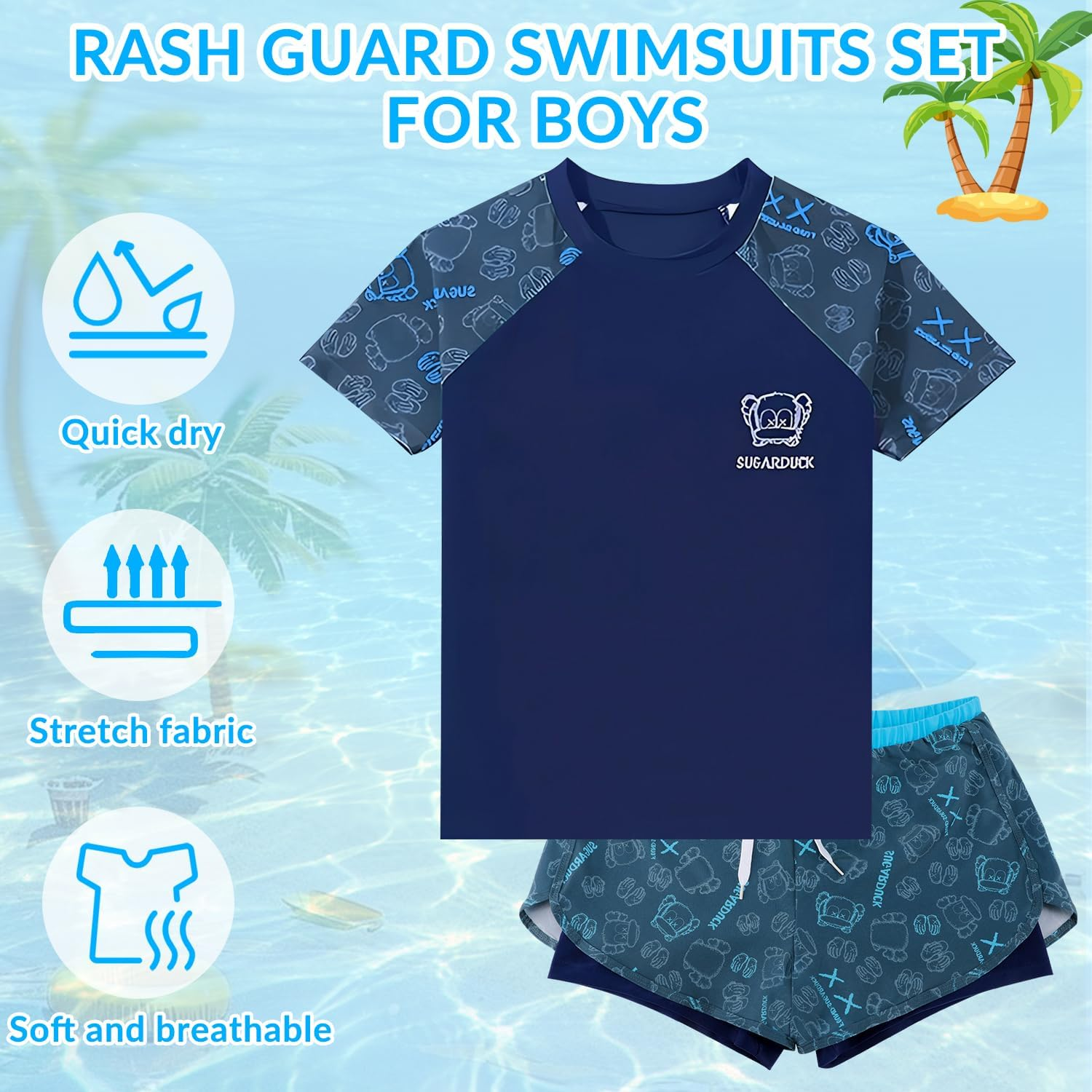 WOTOW Boys Short Sleeve Swimsuit, 3 Piece Rash Guard Swimsuit Set Short Sleeve Bathing Suit with Swimming Cap, Summer Quick Dry Swimwear for Kids Boys 4-16 Years image number 5