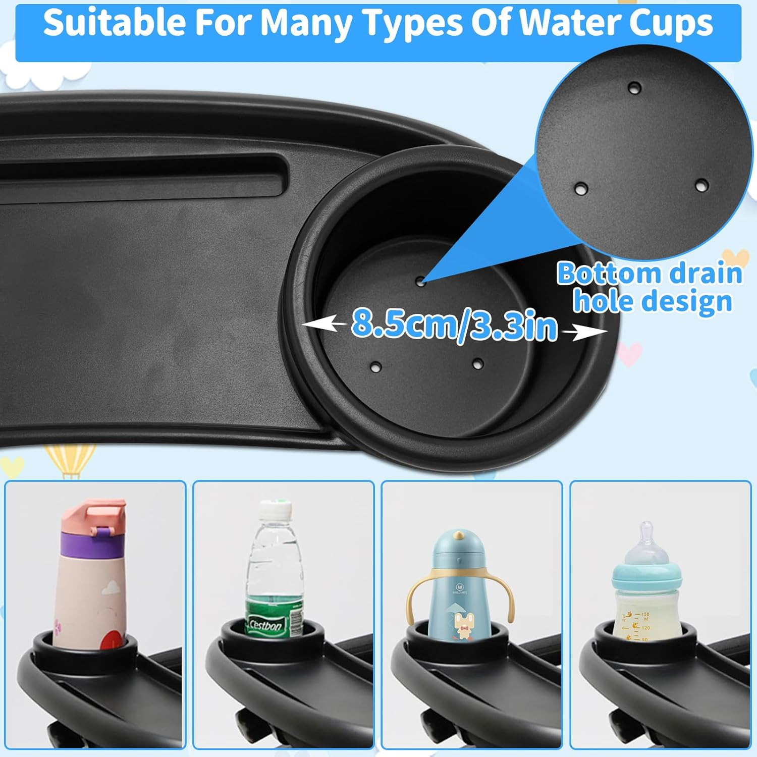 Universal Stroller Snack Tray with Cup Holder Organizer and Phone Holder - 3 in 1 Organizer Rack Accessories, Stable Tray Bumpers for Baby Play and Watch Video image number 5