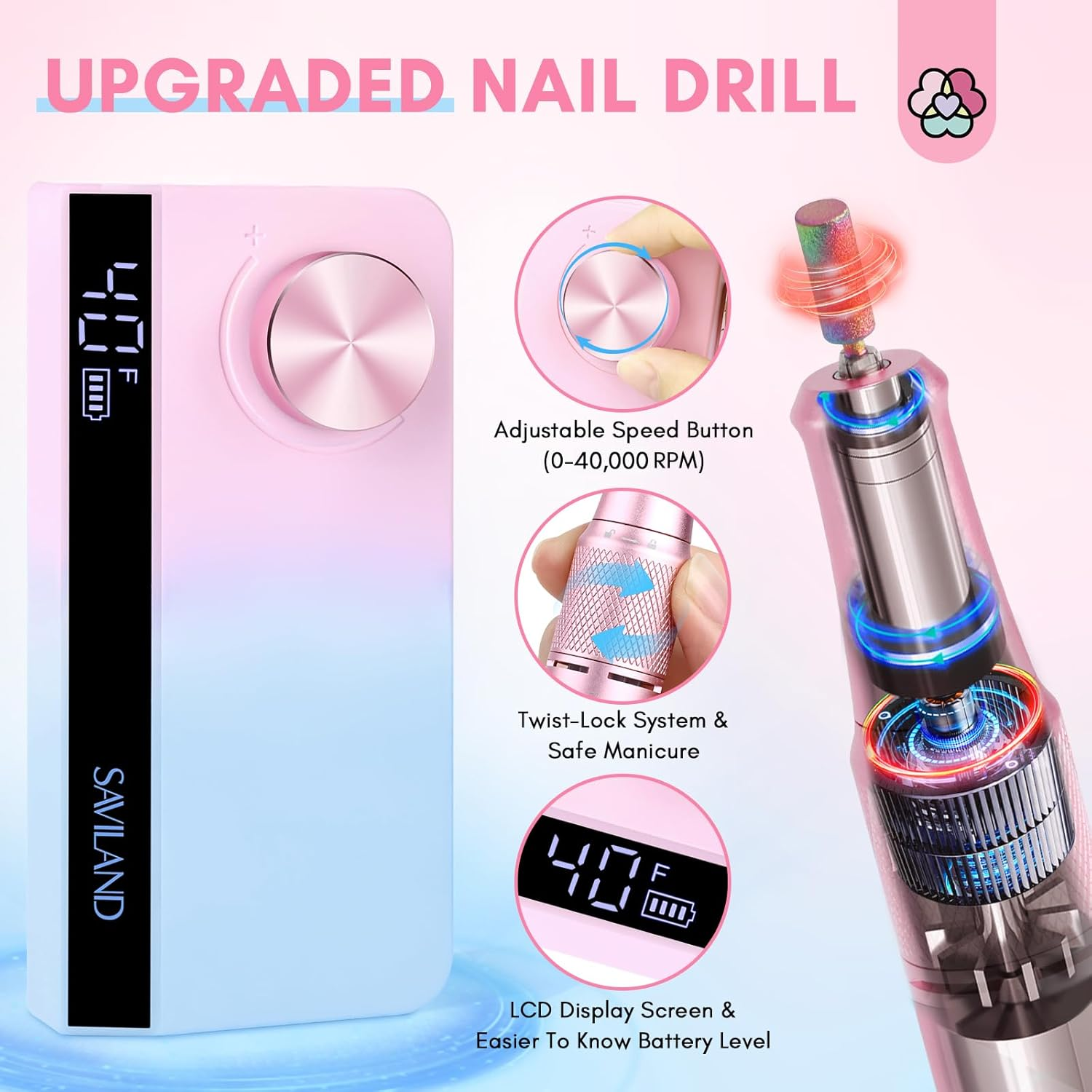 Saviland Portable Electric Nail Drill - 35000 RPM Electric Nail File for Acrylic Nails Professional with Ceramic Corn Head Nail Drill Bits for Nails Manicure Tools and Pedicure Kit Salon Use image number 5