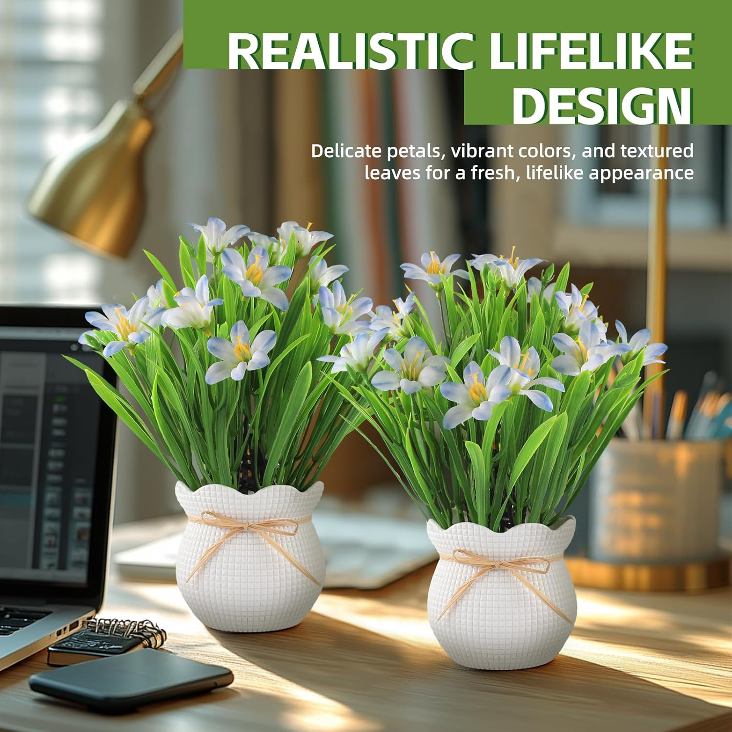 Artificial Flowers Plant UV Resistant Realistic Potted Faux Flowers Lifelike Greenery Maintenance Free Florals Indoor Outdoor Home Office Decor image number 4