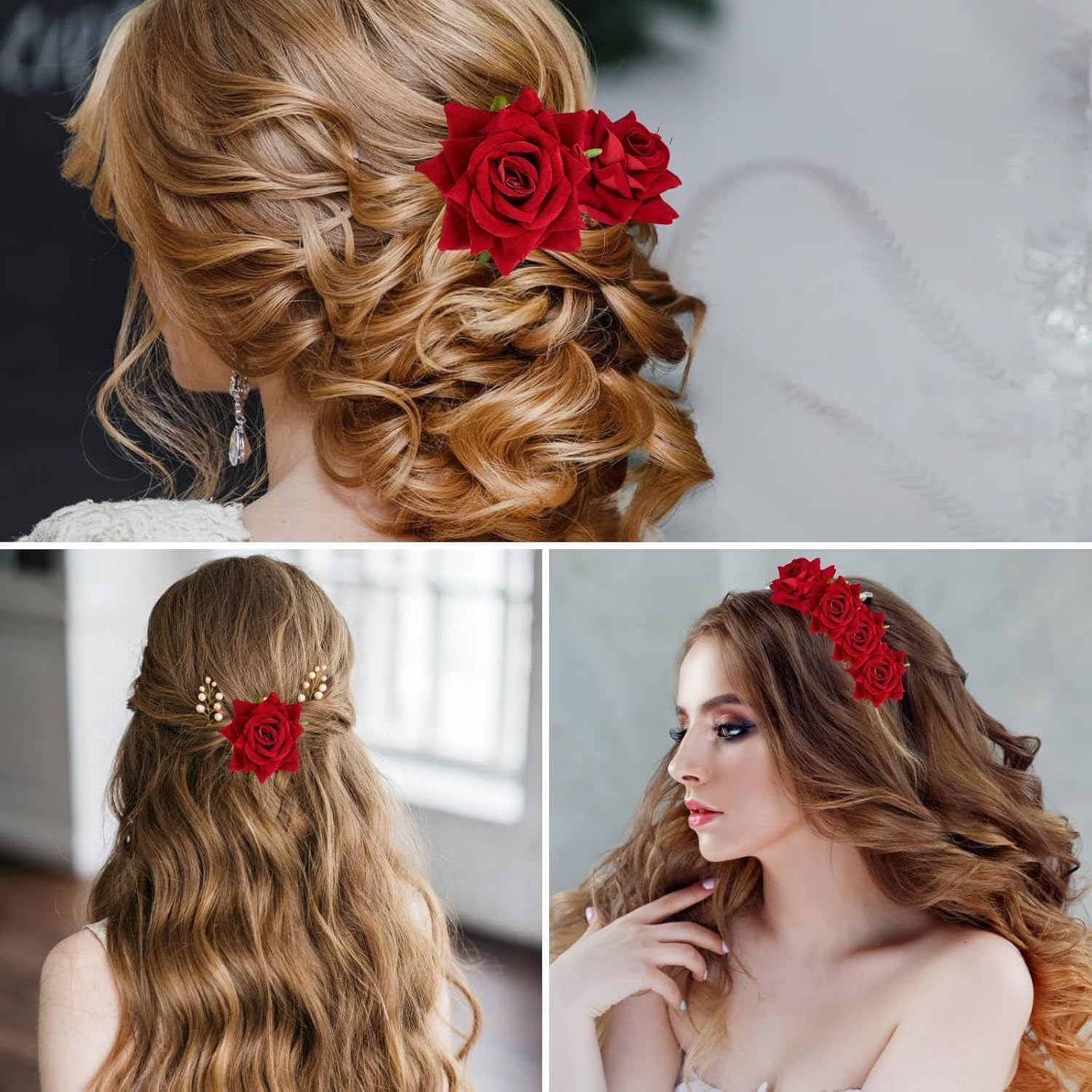 Xiaaofea 4 Pieces Large Rose Hair Clip and Brooch Set, Floral Hair Accessories for Women, Flamenco Dancer, Bridal Party Wedding, Bridesmaid Hairpin image number 1
