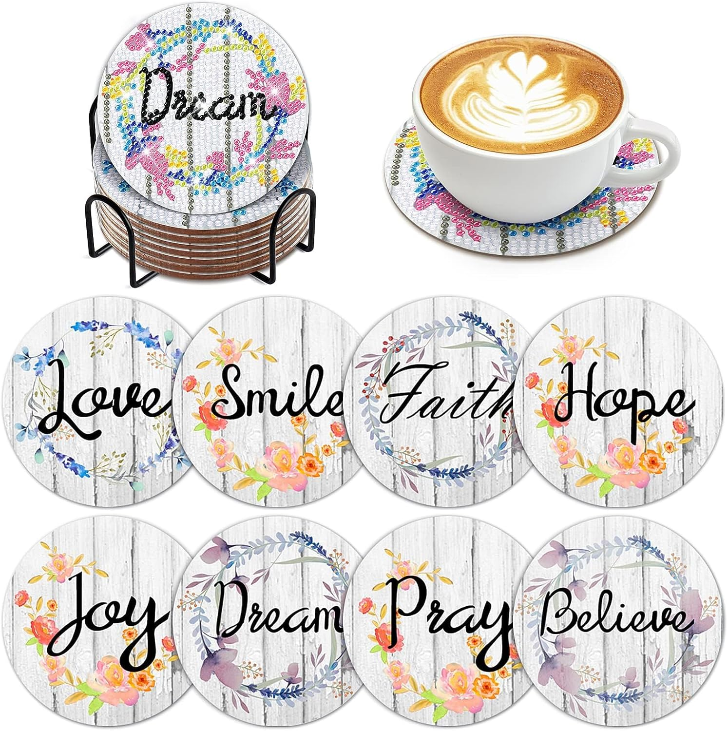 8 PCS Diamond Painting Coasters Kit with Holder - Blue Watercolor Indigo DIY Art Coasters for Beginners, Adults, Kids - Crafts Supplies