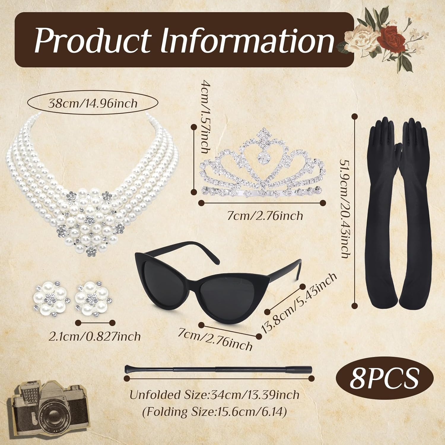 6PCS 1920 Retro Costume Accessories for Women, Fancy Dress Set with Pearl Necklace Tiara Earrings Gloves Sunglasses for Cosplay Carnival Birthday 20S Party image number 5
