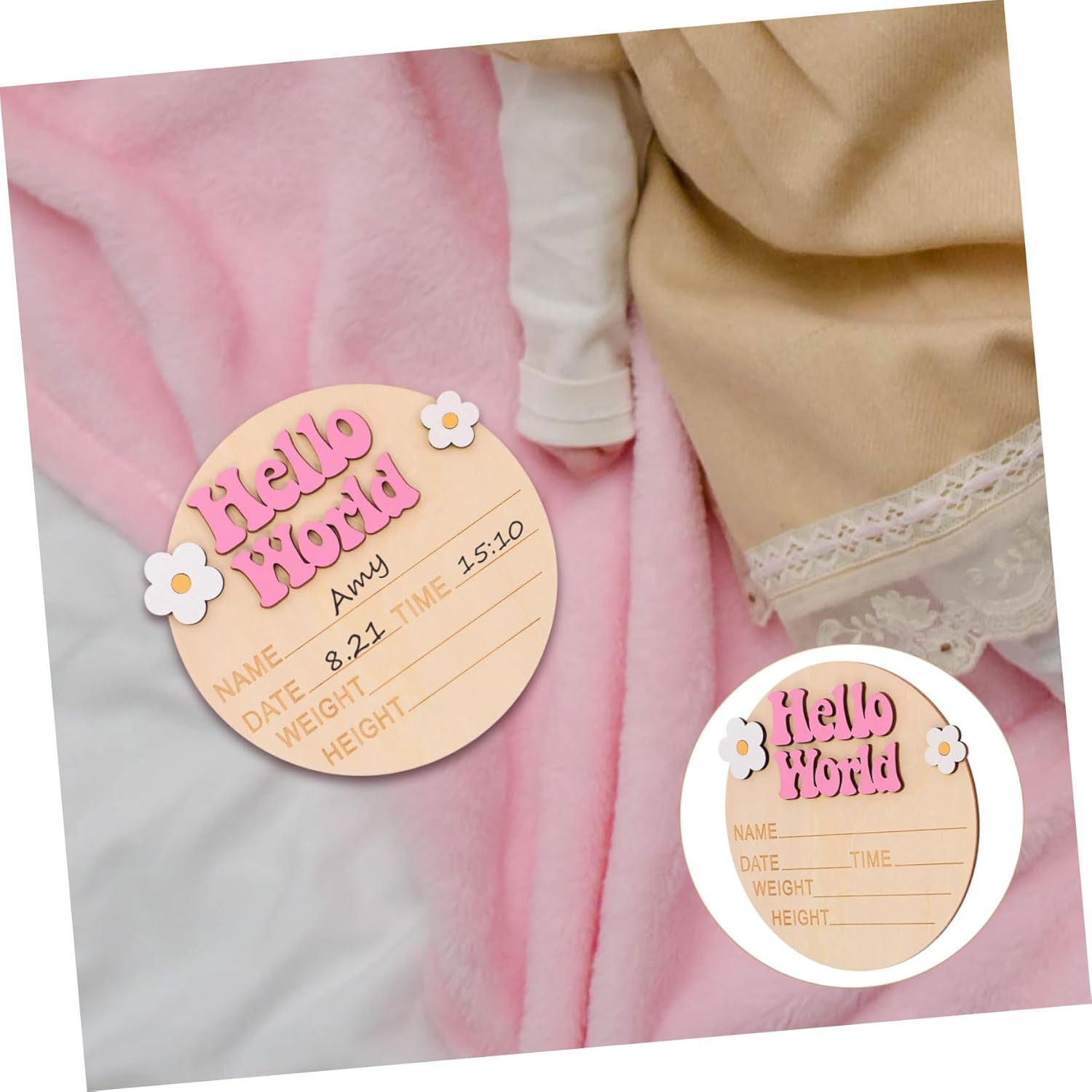 Birth Announcement Name Sign Wooden round Newborn Milestone Card Photo Prop for Hospital Welcome Records Baby Name Birth Details - Multi image number 6