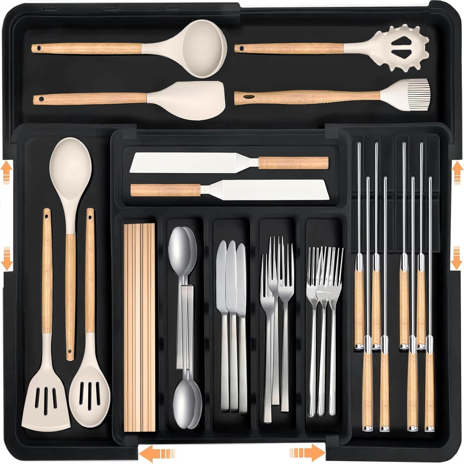 Larger Cutlery Drawer Organiser, Expandable Utensil Drawer Organiser with 9 Compartments, 3-Sided Cutlery Organiser, Adjustable Cutlery and Flatware Tray, Non-Slip, Large for Spoons, Forks and Knives
