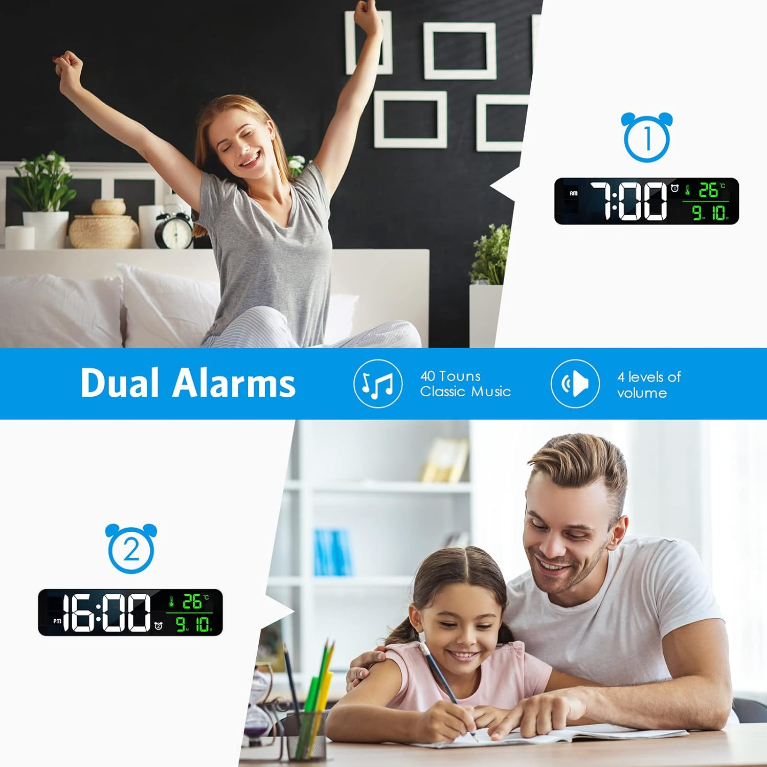 AMIR Digital Clock Large Display, Newest 10.5'' Digital Wall Clock for Living Room, Temp & Date Display Wall Electronic Clocks, LED Mirror Clock with 40 Music, 2 Alarm, 6 Brightness Dimmer, 4 Volume image number 2