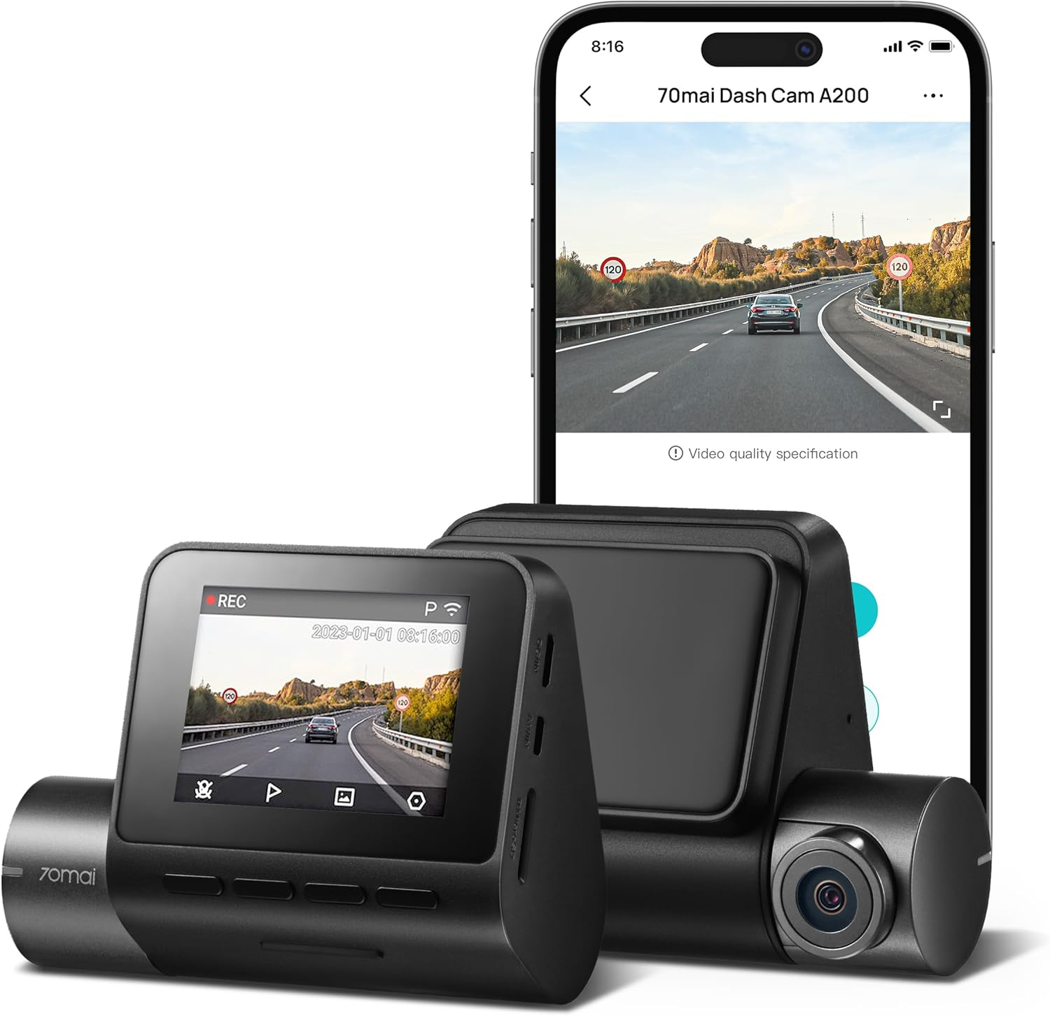 70Mai Smart Dash Cam A200, Front Camera, Built-In Wifi GPS Smart Dash Camera for Cars, ADAS, HDR, 2'' IPS LCD Screen, Night Vision image number 6
