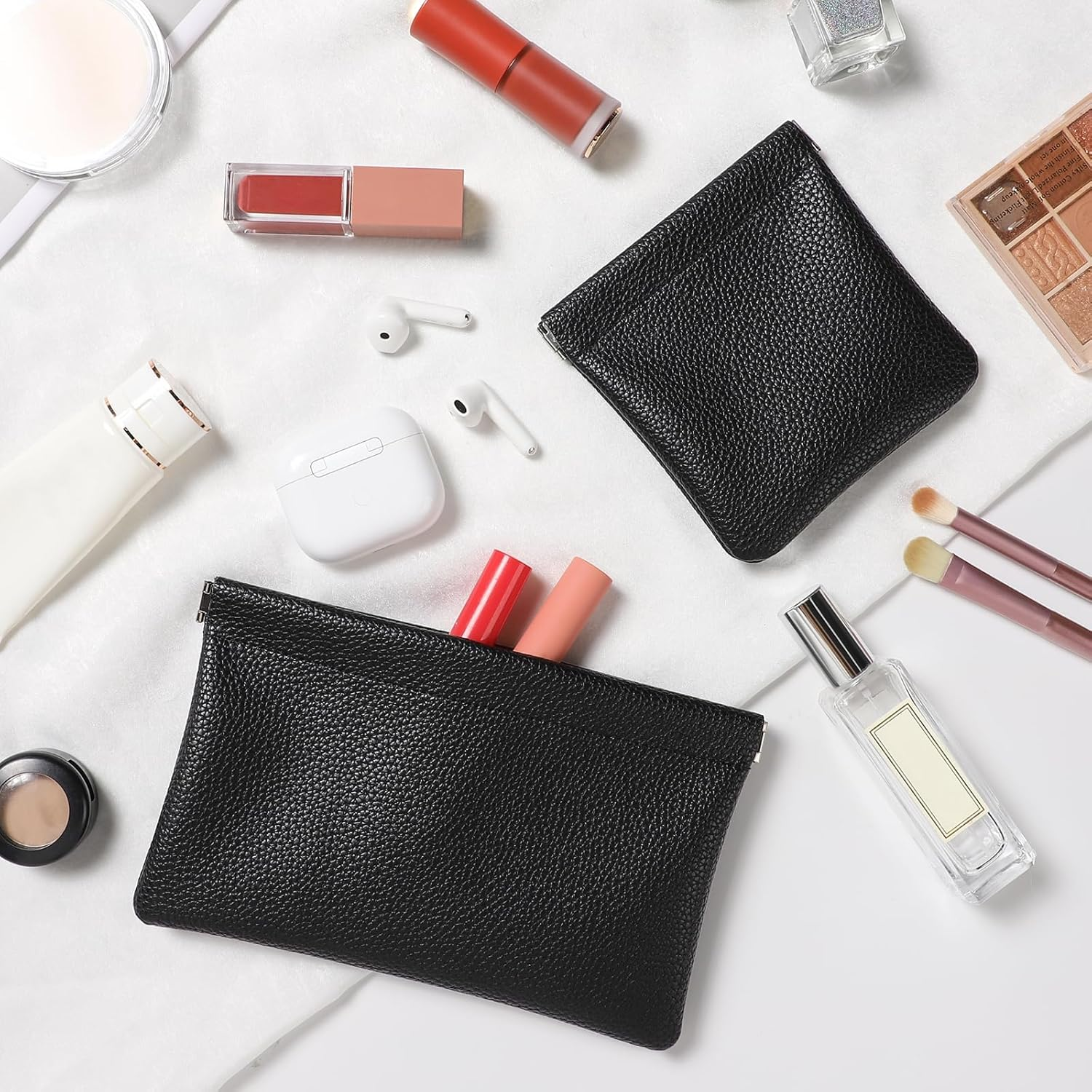 Sightor Leather Pocket Cosmetic Bag for Purse, 2 Pack Small Makeup Bag for Women Coin Purse Lipstick Cosmetic Accessories Organizer Travel Cosmetic Pouch, Black, Solid - Creamy image number 2