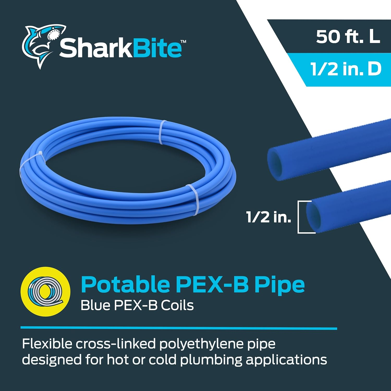 Sharkbite 1/2 Inch X 50 Feet Blue PEX Pipe Flexible Water Tubing for Plumbing, PEX-B, U806B50