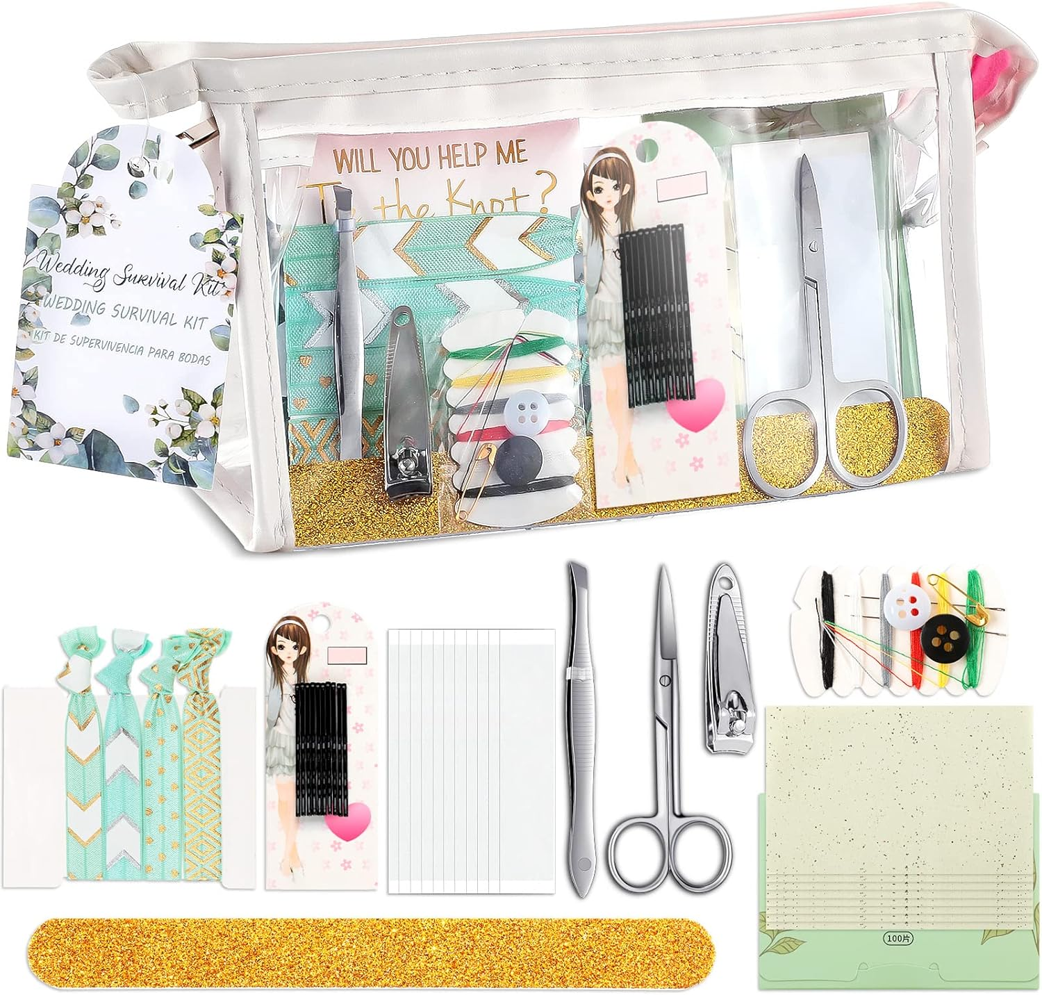 Chumia 132 Pieces Wedding Survival Kit Wedding Day Bridal Emergency Kit Bridal Party Proposal Gifts Mini Emergency Kit for Women with Makeup Bags Wedding Bride Emergency Supplies