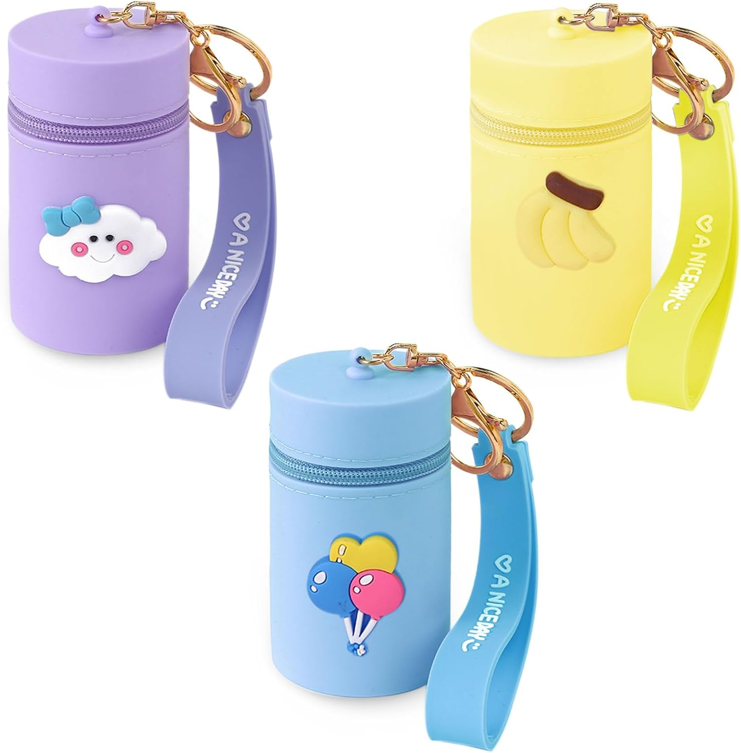 3 Pack Cute Mini Silicone Coin Pouch Keychain, Makeup Bag Cute Cosmetic Bag for Chapstick, Multifunctional Silicone Zipper Bag for Headphone,Coin, Lipstick, Blue，Yellow，Purple, Colorful