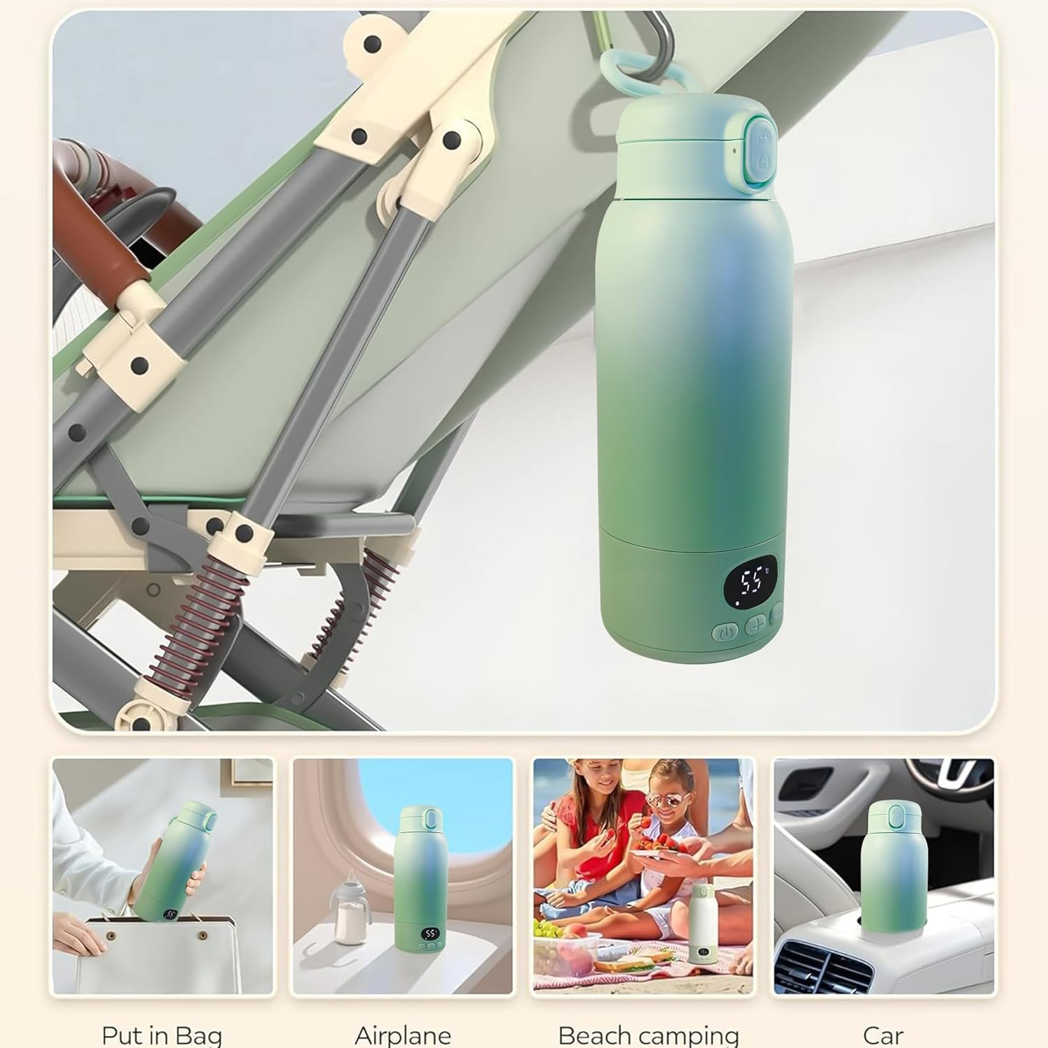 Portable Bottle Warmer for Travel,Milk Warmer for Baby Breastmilk with Fast Heating & Precise Temp Control, Bottle Warmer for Car, Outdoors, 17 Ounces Large Capacity,Green(Only Contains Wires, No Plugs) image number 6