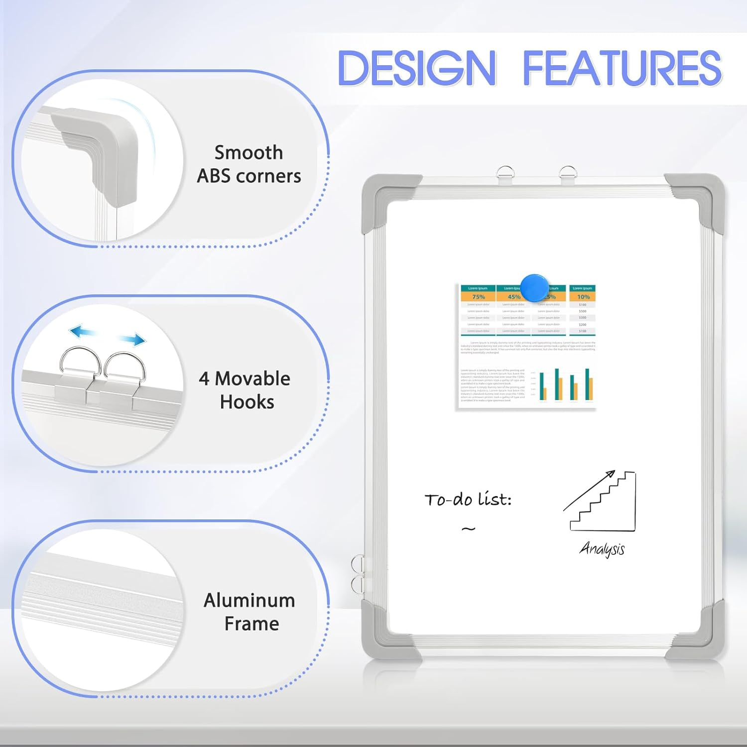 QUEENLINK Magnetic Whiteboard with Aluminum Frame, 30 X 40 Cm Double-Sided White Board, Includes 8 Markers, 1 Eraser, 8 Magnets, Hanging Board for Office, Classroom, Home Study image number 3