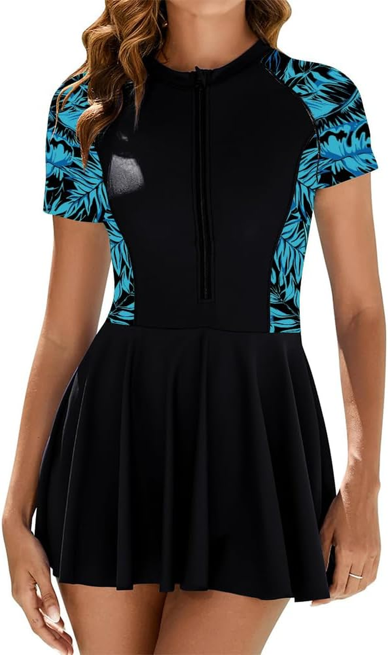 Autowt Women'S One Piece Short Sleeve Swimsuits, Zip Front Swim Dress Swimwear with Bikini Bottoms and Built in Bra, Quick Dry Modest Bathing Suit for Women