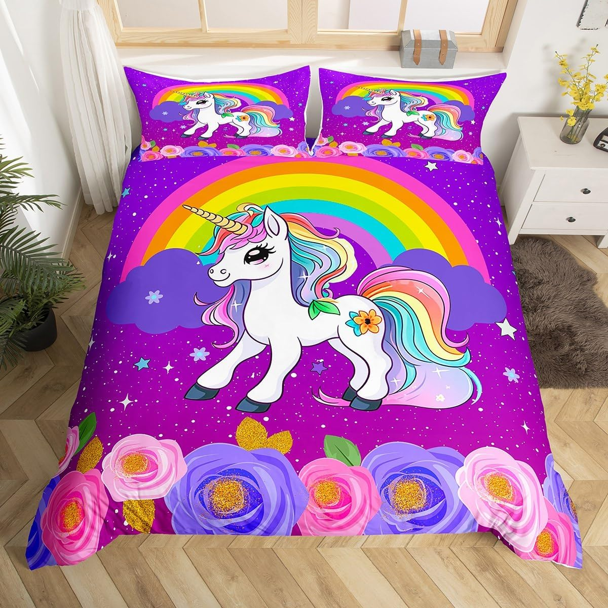 Cartoon Unicorn Kids Duvet Cover Set Queen Size,Sakura Cherry Blossom Japanese Bedding Set,Girls Women Room Decor,Rainbow Unicorn Cute Comforter Cover,Pink Purple Romantic Quilt Cover,2 Pillowcases
